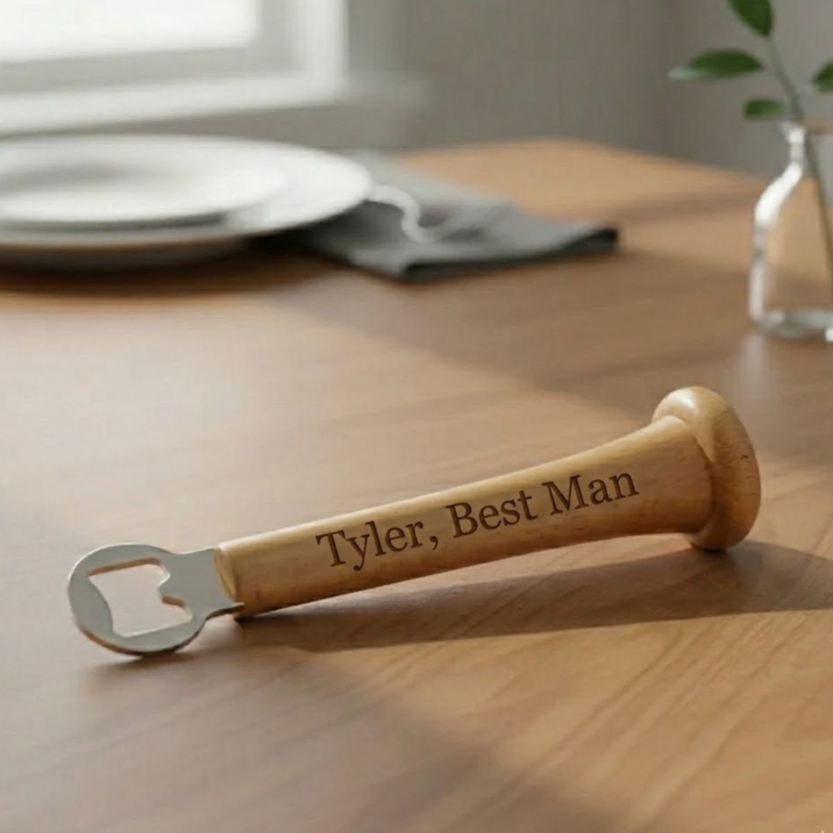 Personalized Baseball Bat Bottle Opener engraved with groomsman name