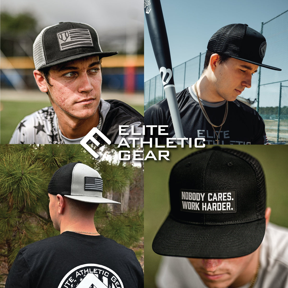 Black mesh trucker hat with embroidered "Nobody Cares. Work Harder." text patch on the front crown