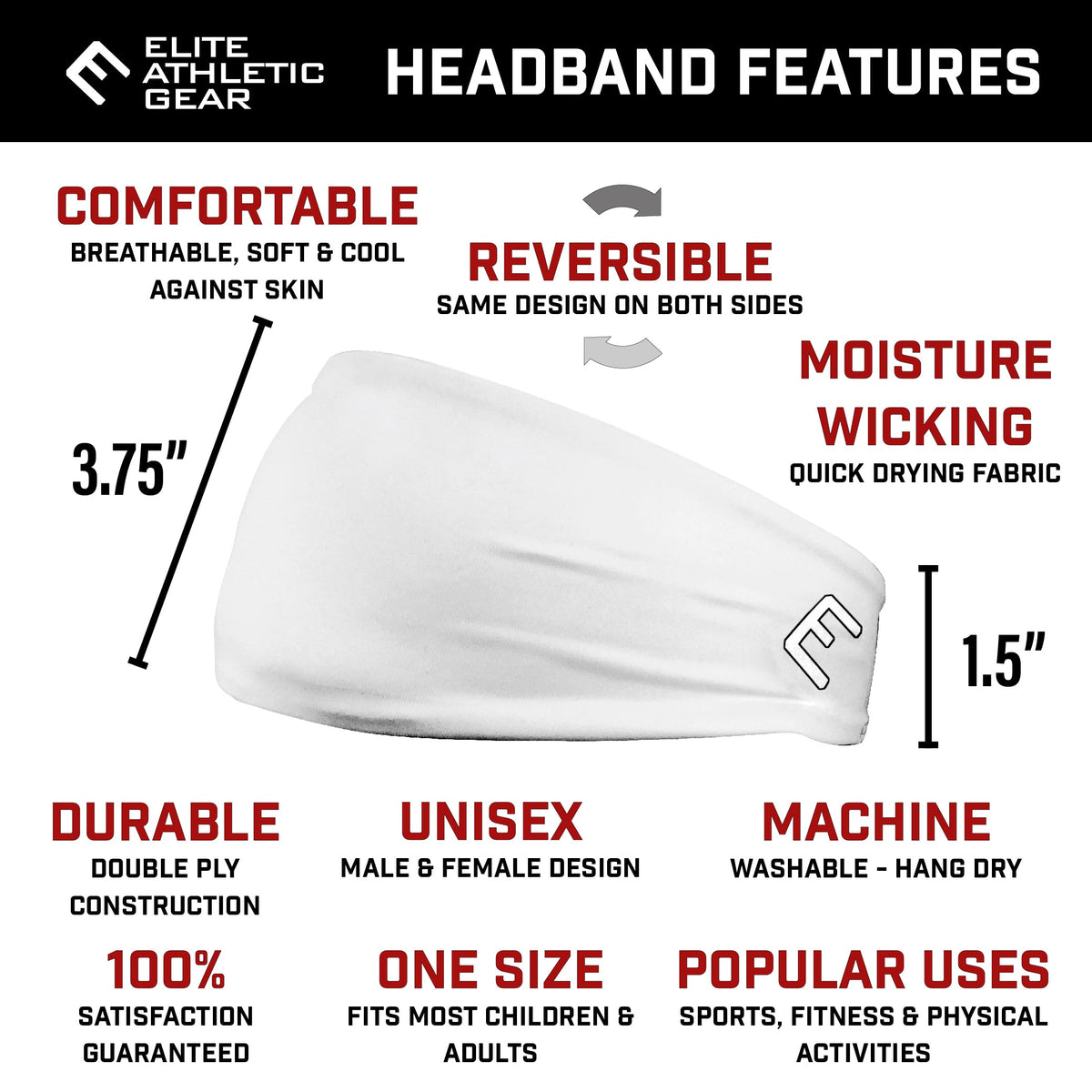 Elite Athletic Gear headband features card calling out comfortable, reversible, moisture-wicking, durable, unisex, machine-washable construction with 3.75 by 1.5 inch dimensions