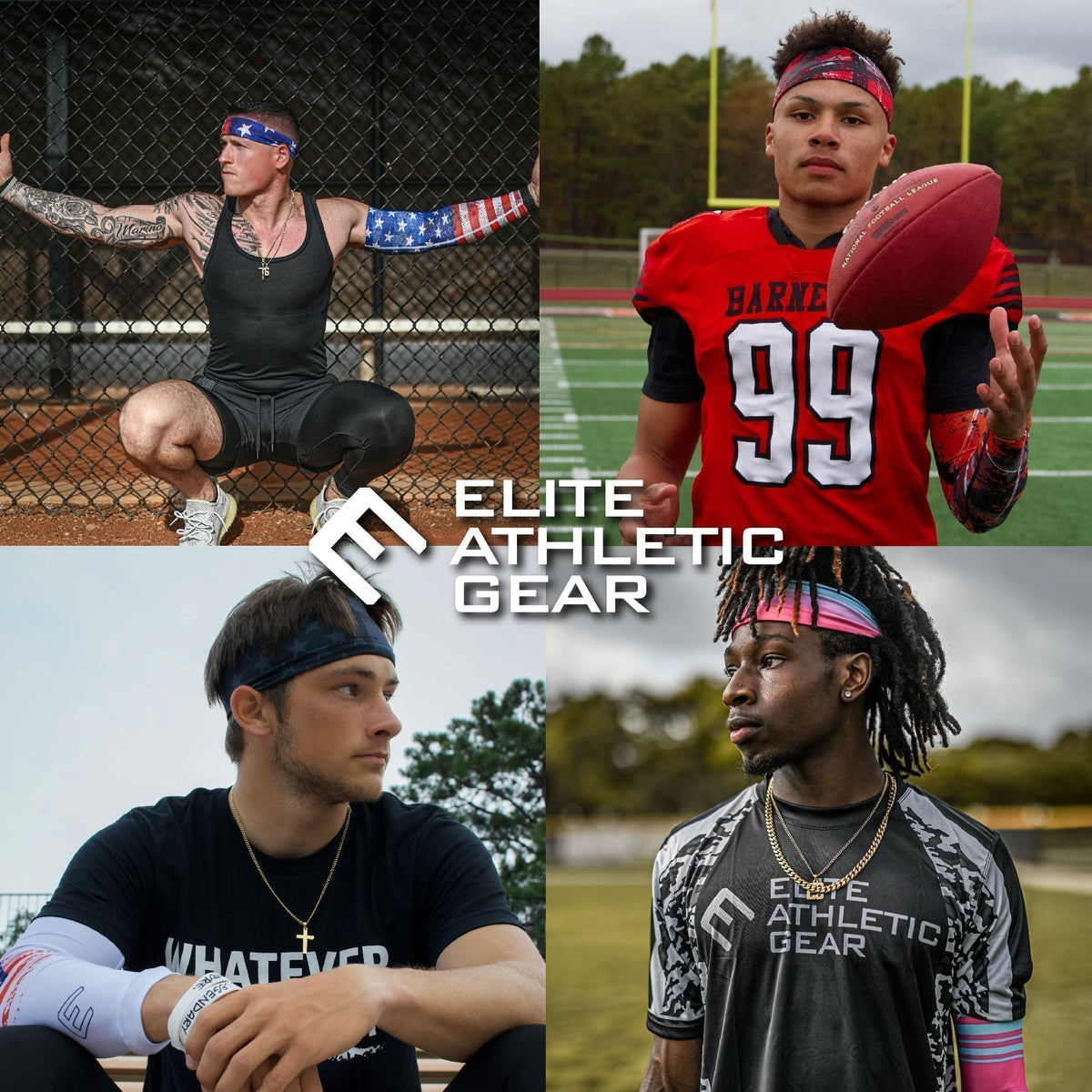Four-photo collage of athletes wearing Elite Athletic Gear headbands on the baseball field, on a football field, and in casual settings with the EAG logo centered