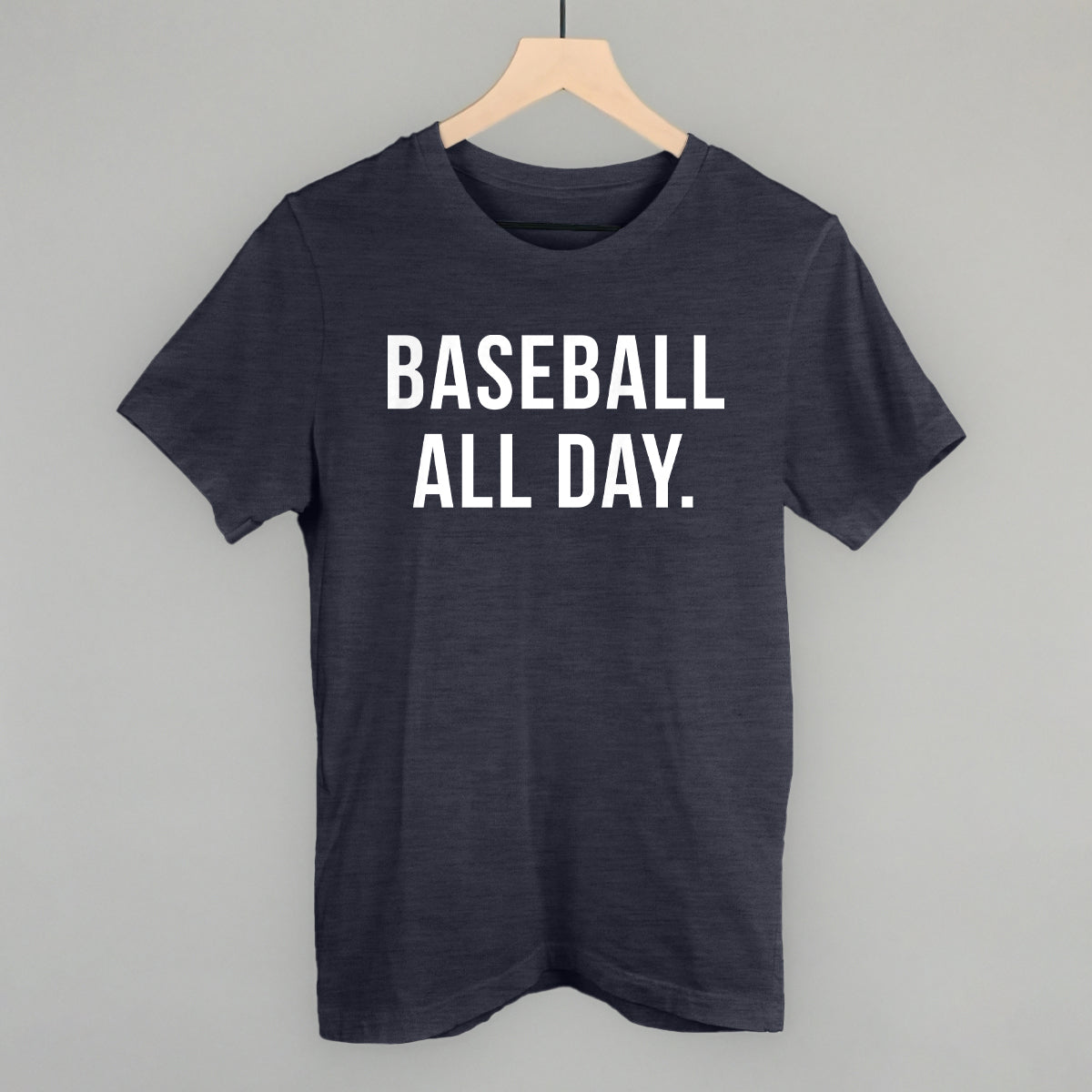 Heather navy tri-blend tee with the 'Baseball All Day.' design in bold white sans-serif lettering