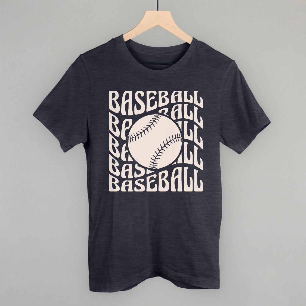 Heather navy tri-blend tee with the Baseball Groovy Wave design in stacked retro lettering and a baseball center, printed in cream ink