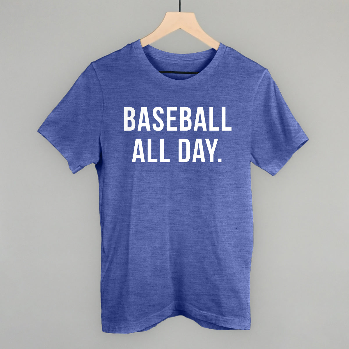Heather true royal tri-blend tee with the 'Baseball All Day.' design in bold white sans-serif lettering