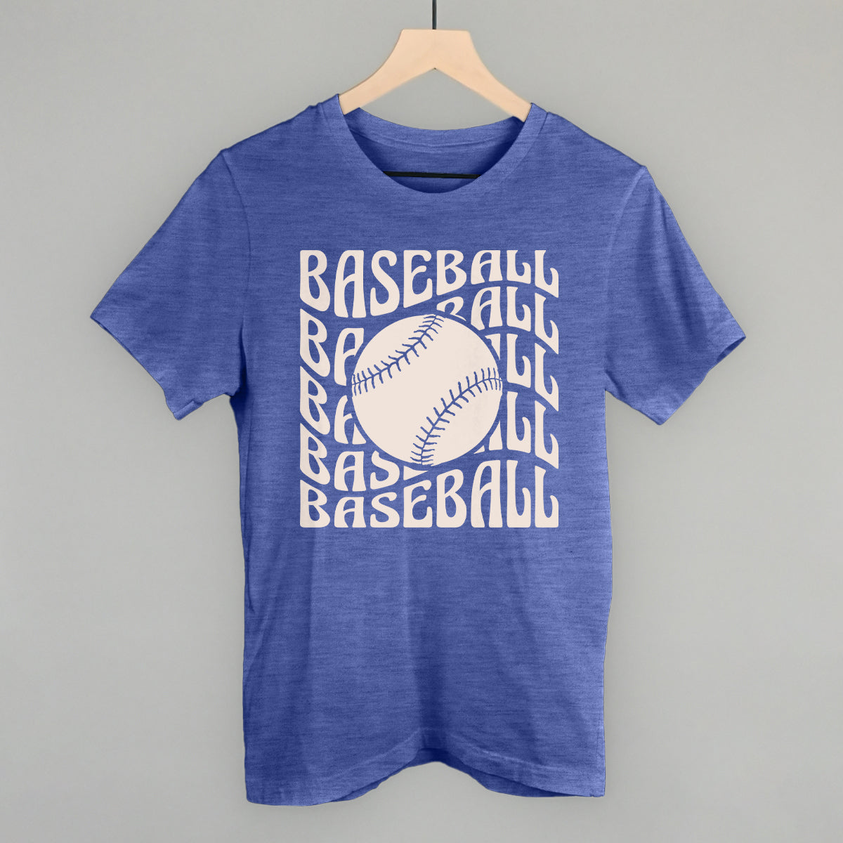 Heather true royal tri-blend tee with the Baseball Groovy Wave design in stacked retro lettering and a baseball center, printed in cream ink