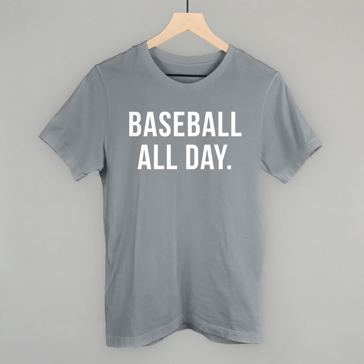 Storm gray Bella+Canvas tee with the 'Baseball All Day.' design in bold white sans-serif lettering