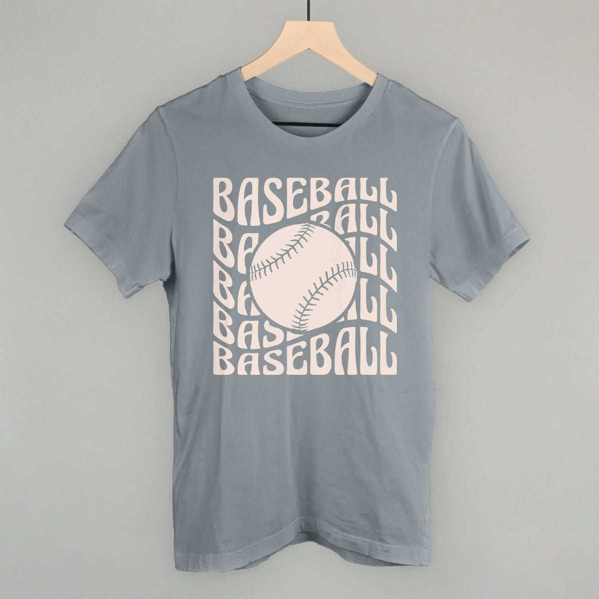 Storm gray Bella+Canvas tee with the Baseball Groovy Wave design in stacked retro lettering and a baseball center, printed in cream ink