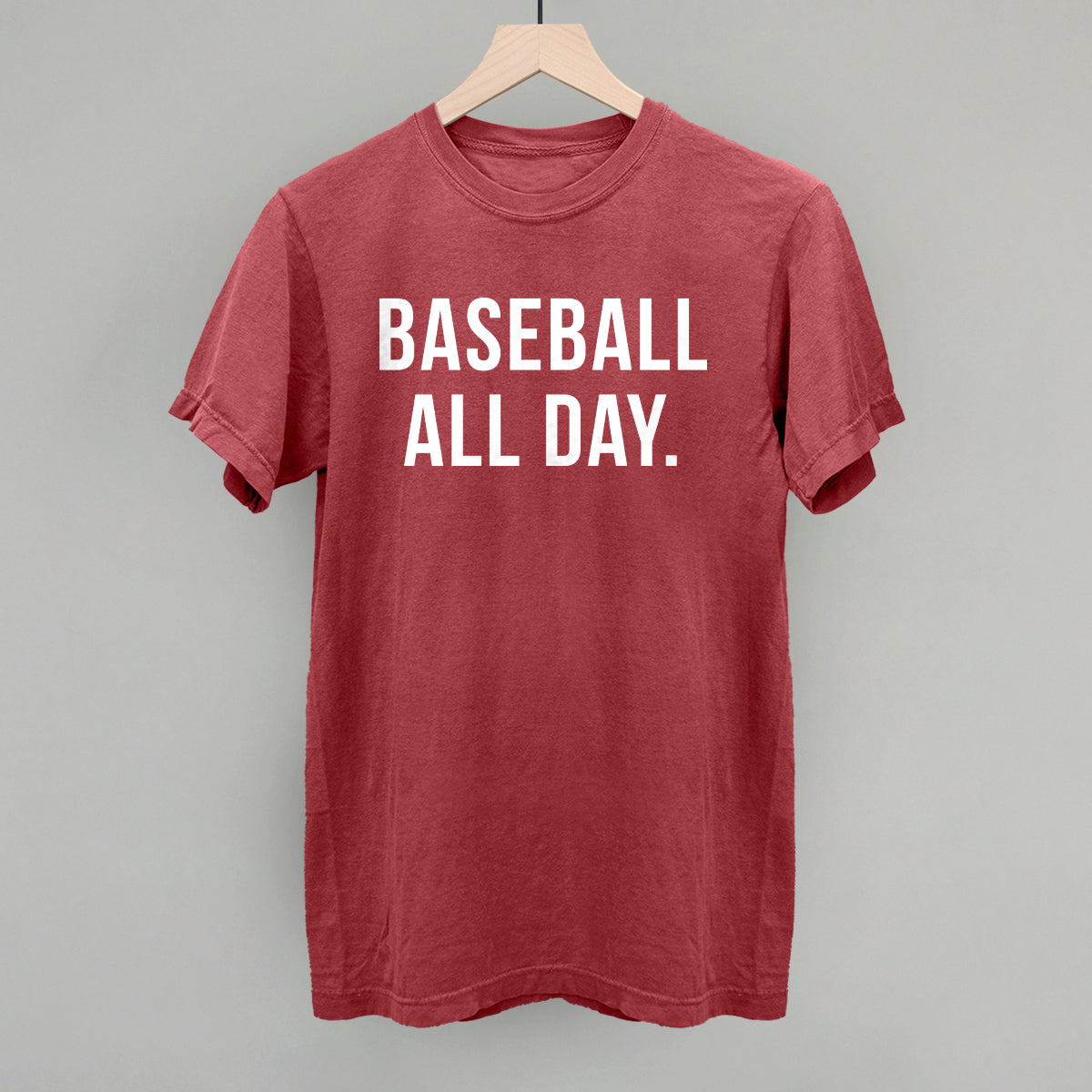 Crimson Comfort Colors vintage tee with the 'Baseball All Day.' design in bold white sans-serif lettering