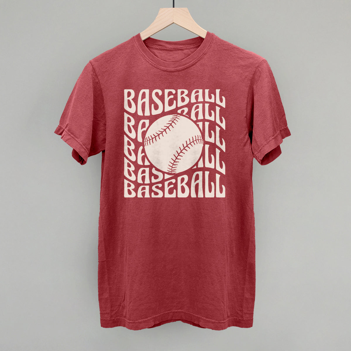 Crimson Comfort Colors vintage tee with the Baseball Groovy Wave design in stacked retro lettering and a baseball center, printed in cream ink