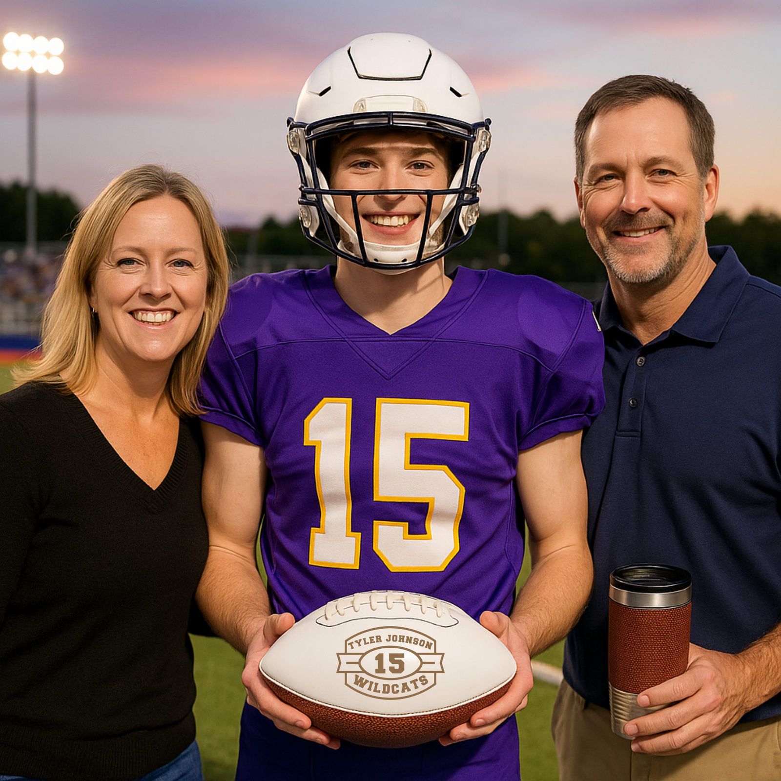Custom keepsake football with a laser-engraved white panel inspired by a championship trophy, personalized with the player's name, jersey number, and team