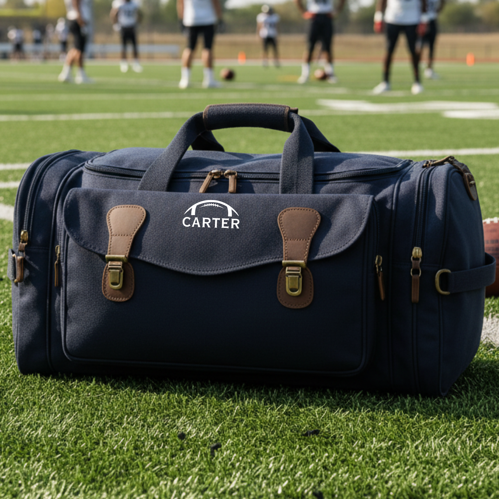 Personalized senior football duffle bag in heavyweight canvas with leather accents and an embroidered football with his name or jersey number stitched underneath
