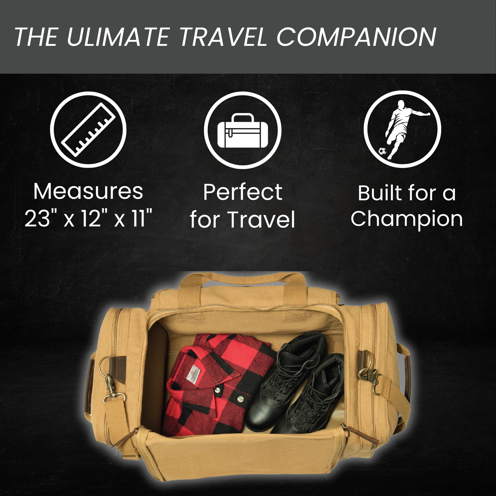 Tan canvas duffle bag with open main compartment displaying packed red plaid shirt and black laced boots, labeled with dimensions 23" x 12" x 11