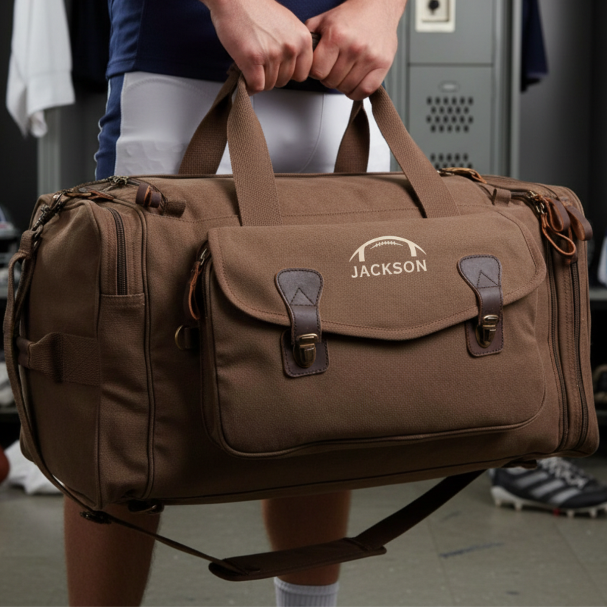 Personalized football duffle bag in heavyweight canvas with leather accents and an embroidered football with his name stitched underneath, built for game day gear