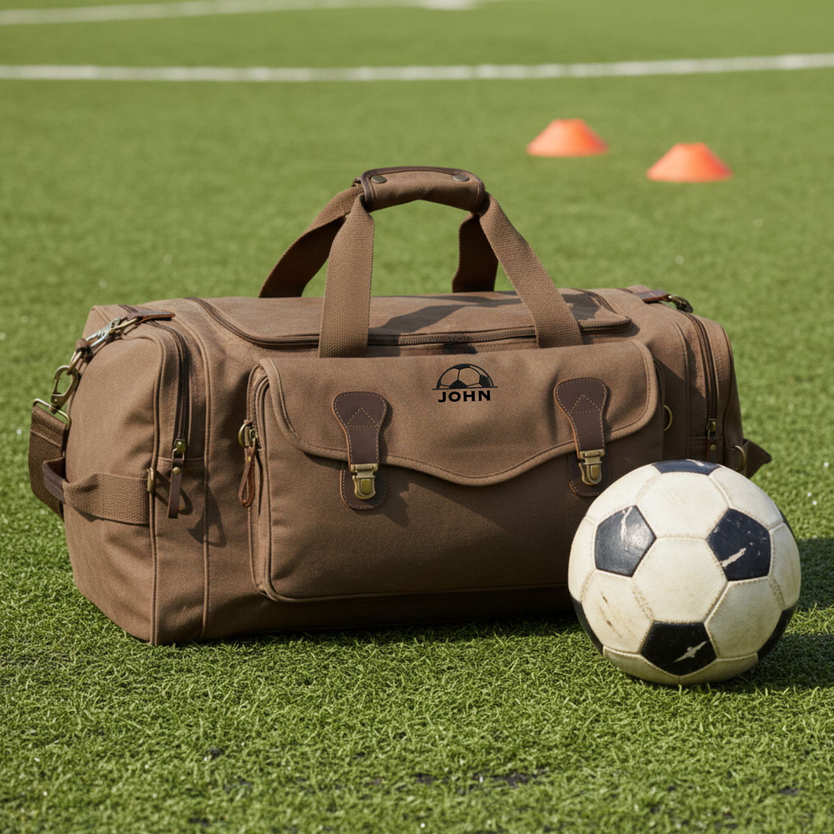 Tan canvas duffle bag with sample name "JOHN" engraved on front, positioned on grass field with soccer ball and training cones nearby