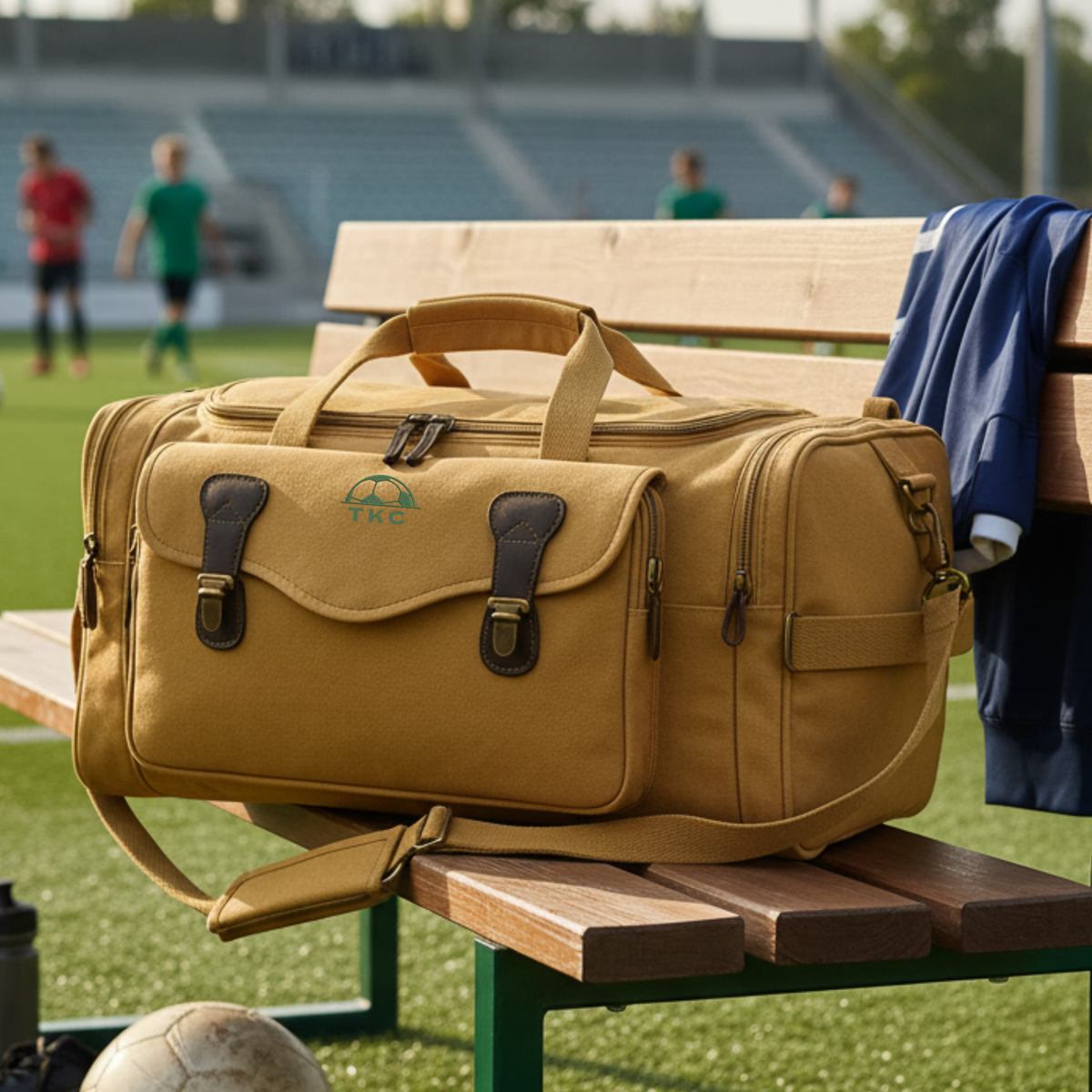 Tan canvas duffle bag with leather accents and monogrammed sample initials "TKC" in teal, displayed on wooden bench at soccer field with players in background