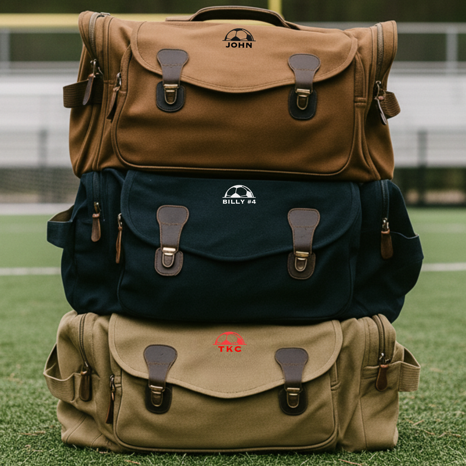 Three personalized canvas duffel bags stacked vertically showing sample monograms "JOHN," "BILLY #4," and "TKC" in tan, navy, and khaki colorways with leather straps and brass hard