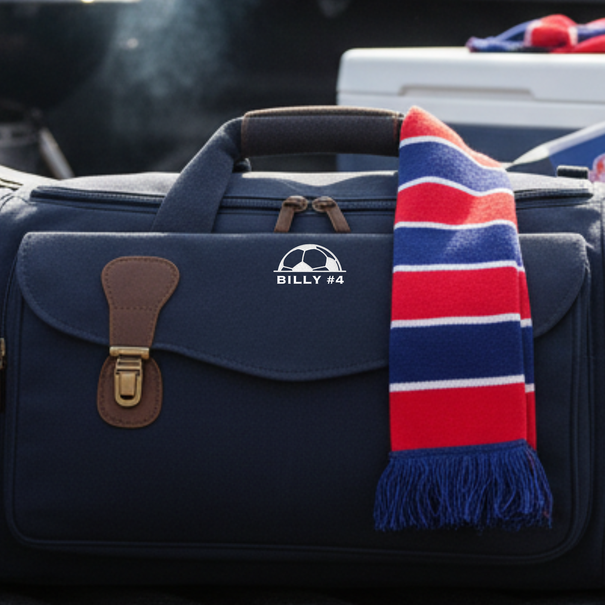 Navy canvas duffle bag with brown leather accents and brass hardware, personalized with sample engraving "BILLY #4" and soccer ball motif, displayed with red and blue striped scarf