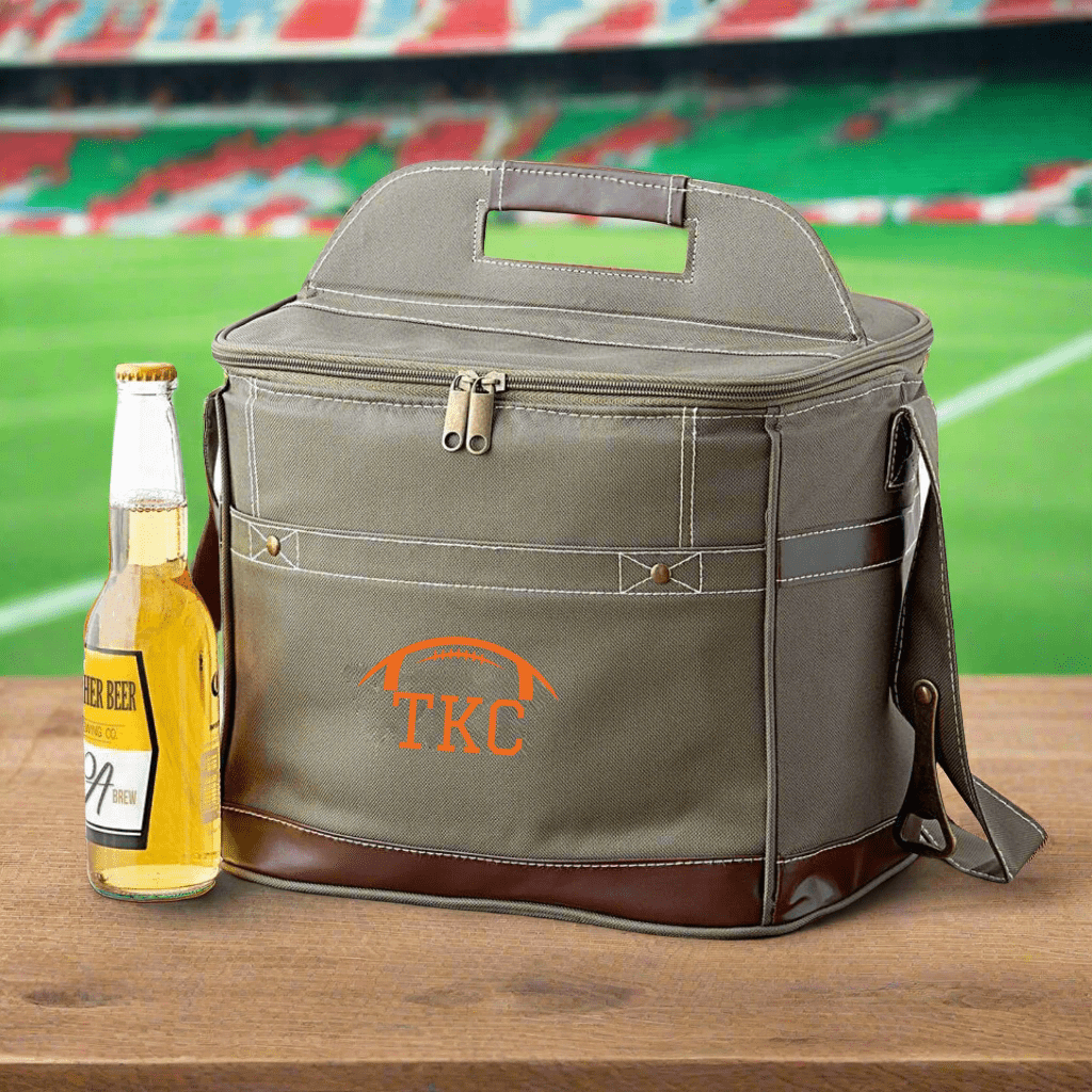 Personalized game day tailgate cooler in premium canvas with faux leather accents, embroidered with up to 3 initials, with an attached bottle opener and shoulder strap