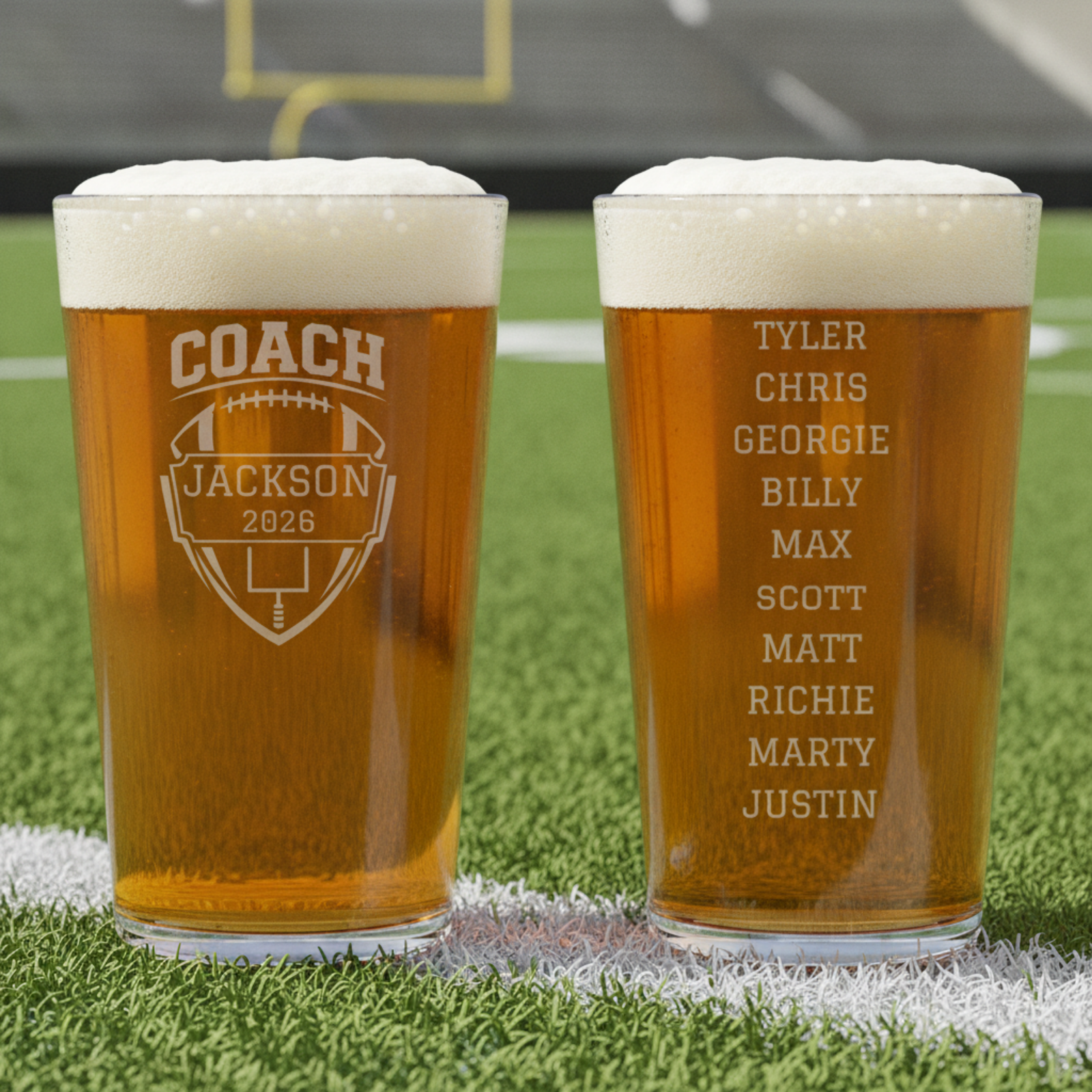 Personalized football coach pint glass with an engraved football shield reading COACH, the coach's name and season year on the front of a clear 16oz glass
