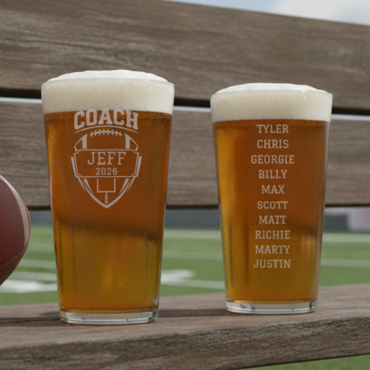 Personalized football coach pint glass shown at an angle, double-sided laser engraving with football emblem and team roster, a banquet gift for coaches