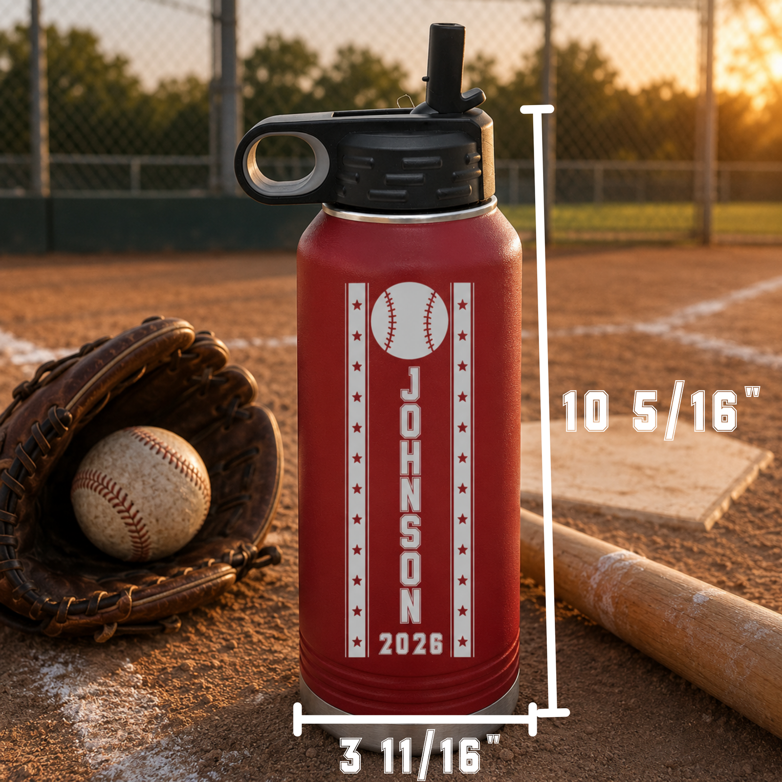 Red personalized baseball coach water bottle engraved Johnson 2026, with size callouts of 10 5/16 inches tall and 3 11/16 inches wide, beside a glove and bat.