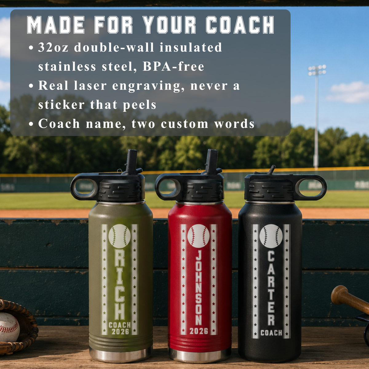 Olive, red, and black personalized baseball coach water bottles engraved with coach names, showing the 32oz double-wall insulated stainless steel BPA-free build.