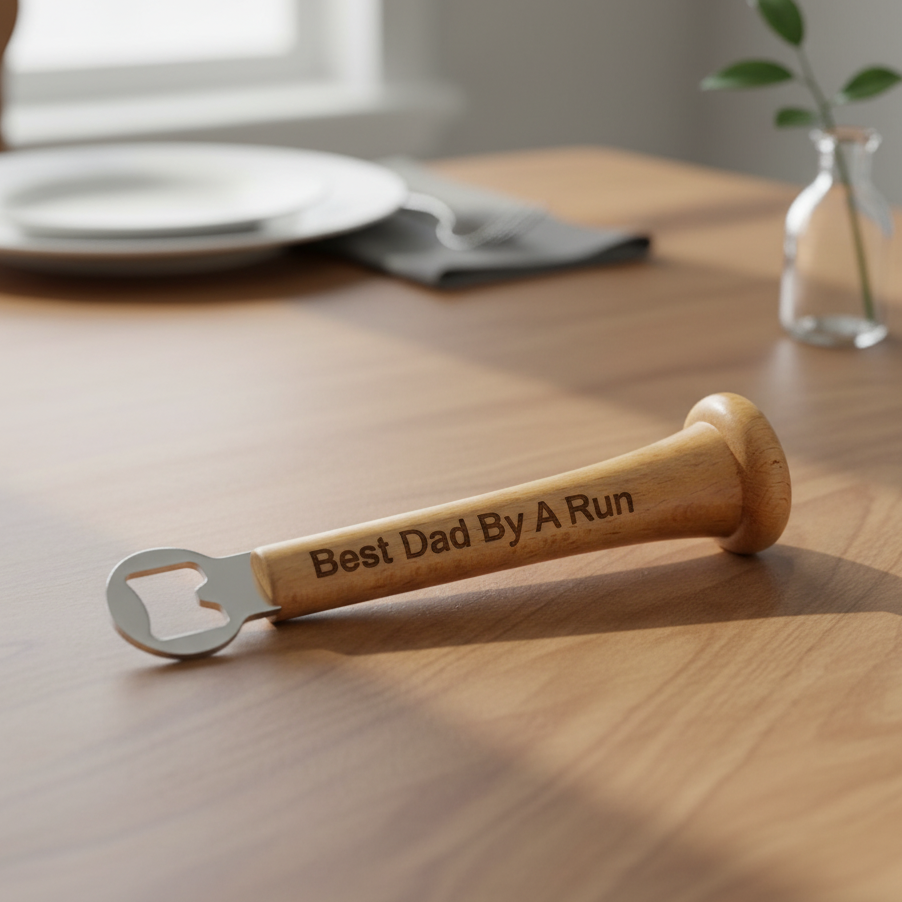 Personalized Baseball Bat Wooden bottle opener with 'Best Dad By A Run' engraving on a wooden table.