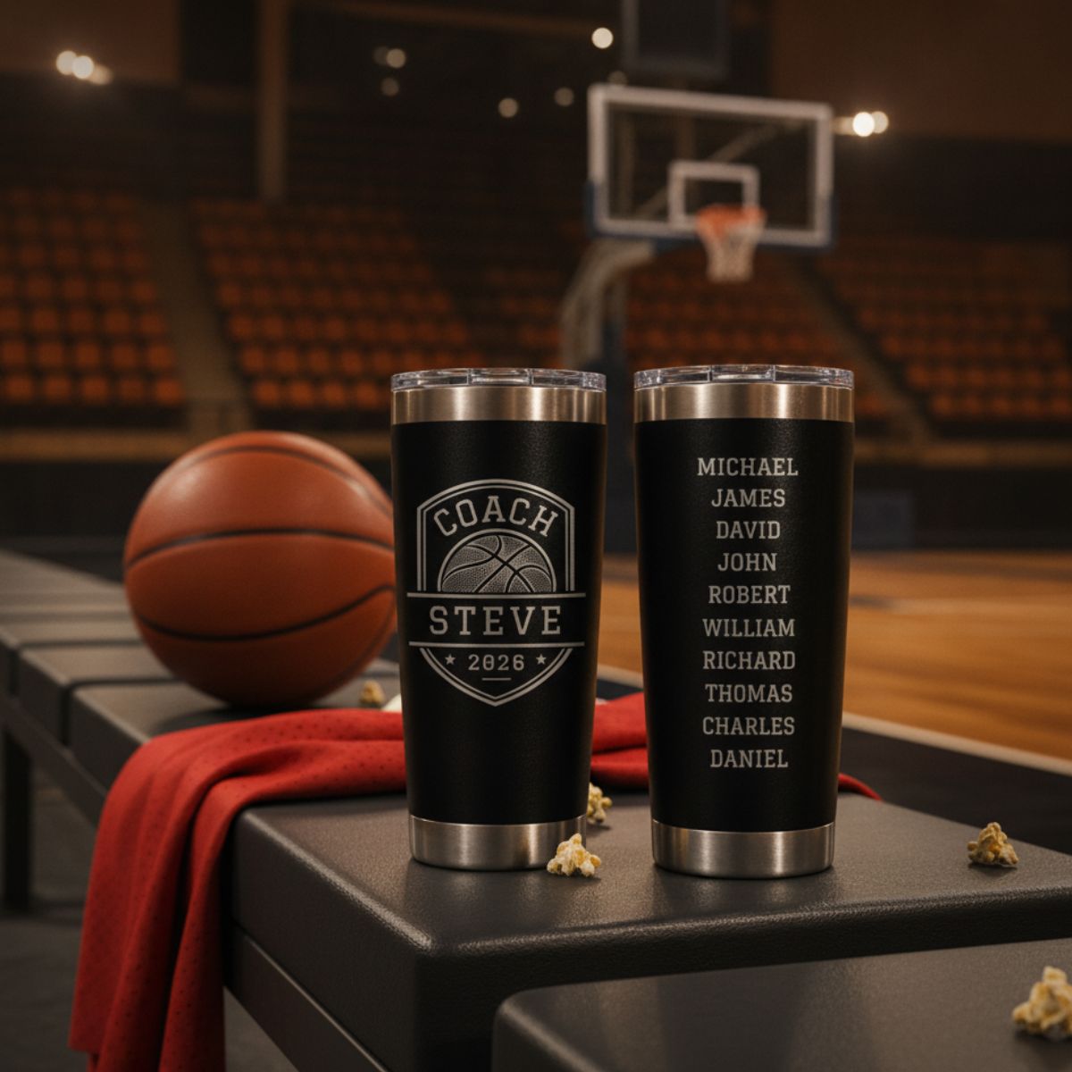 Pair of black personalized basketball coach team tumblers on a gym bench, showing the Coach Steve shield on one and the engraved player roster on the other