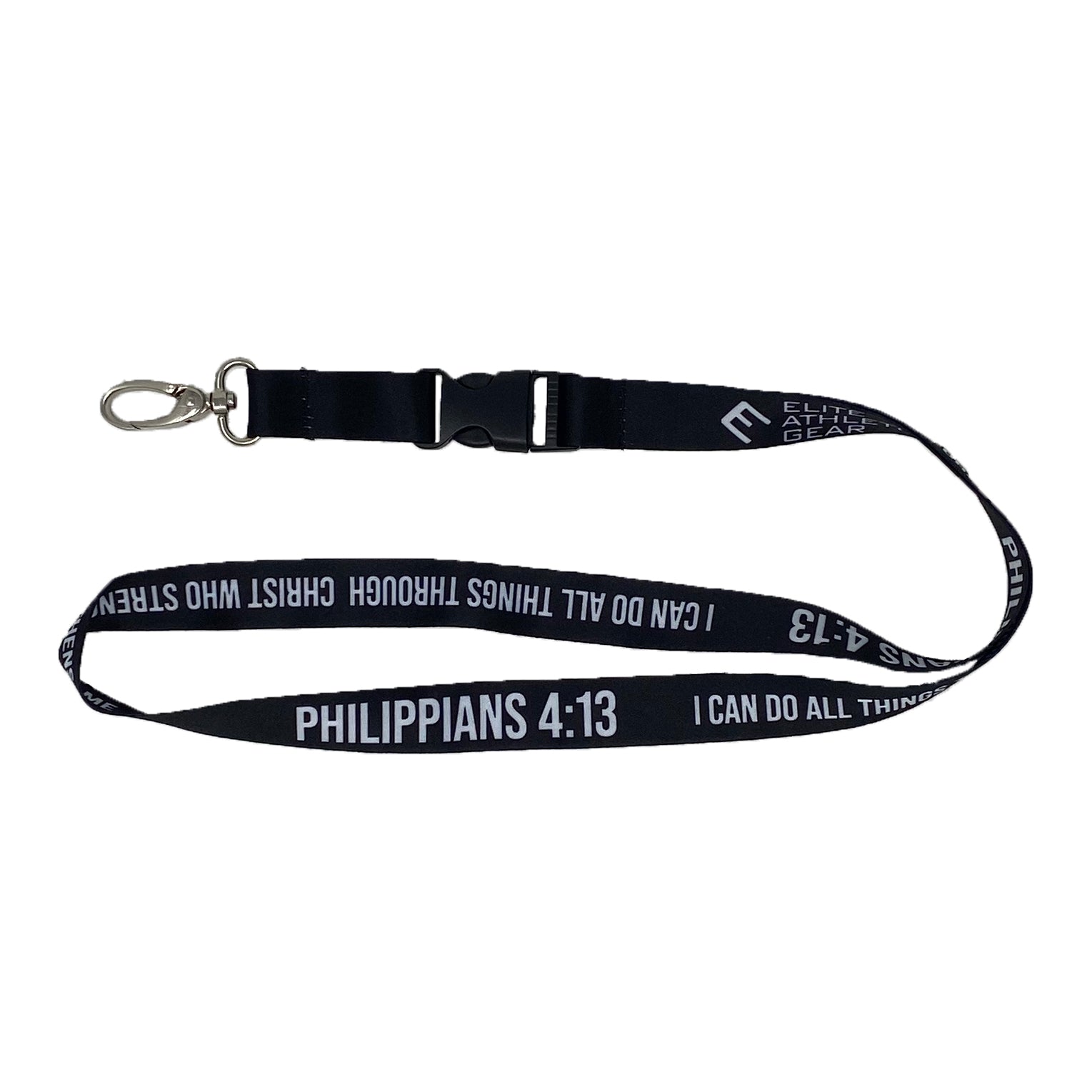 Black 'PHILIPPIANS 4:13 — I CAN DO ALL THINGS THROUGH CHRIST WHO STRENGTHENS ME' repeating white-text Elite Athletic Gear lanyard shown folded flat on a white background with a silver lobster clip and detachable quick-release buckle near the EAG-branded top