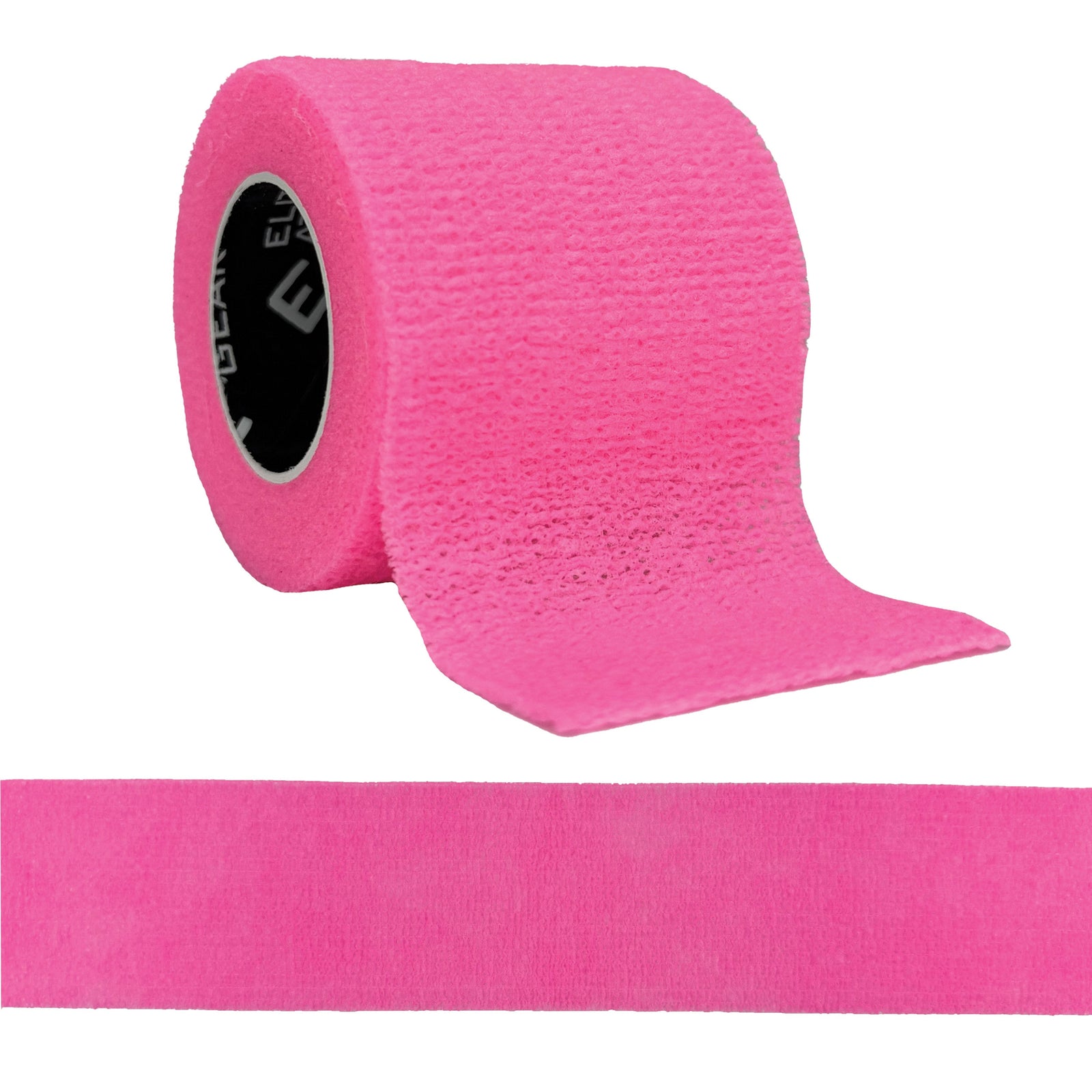 Bright pink self-stick athletic tape roll with textured surface, shown unrolled to display width and flexibility
