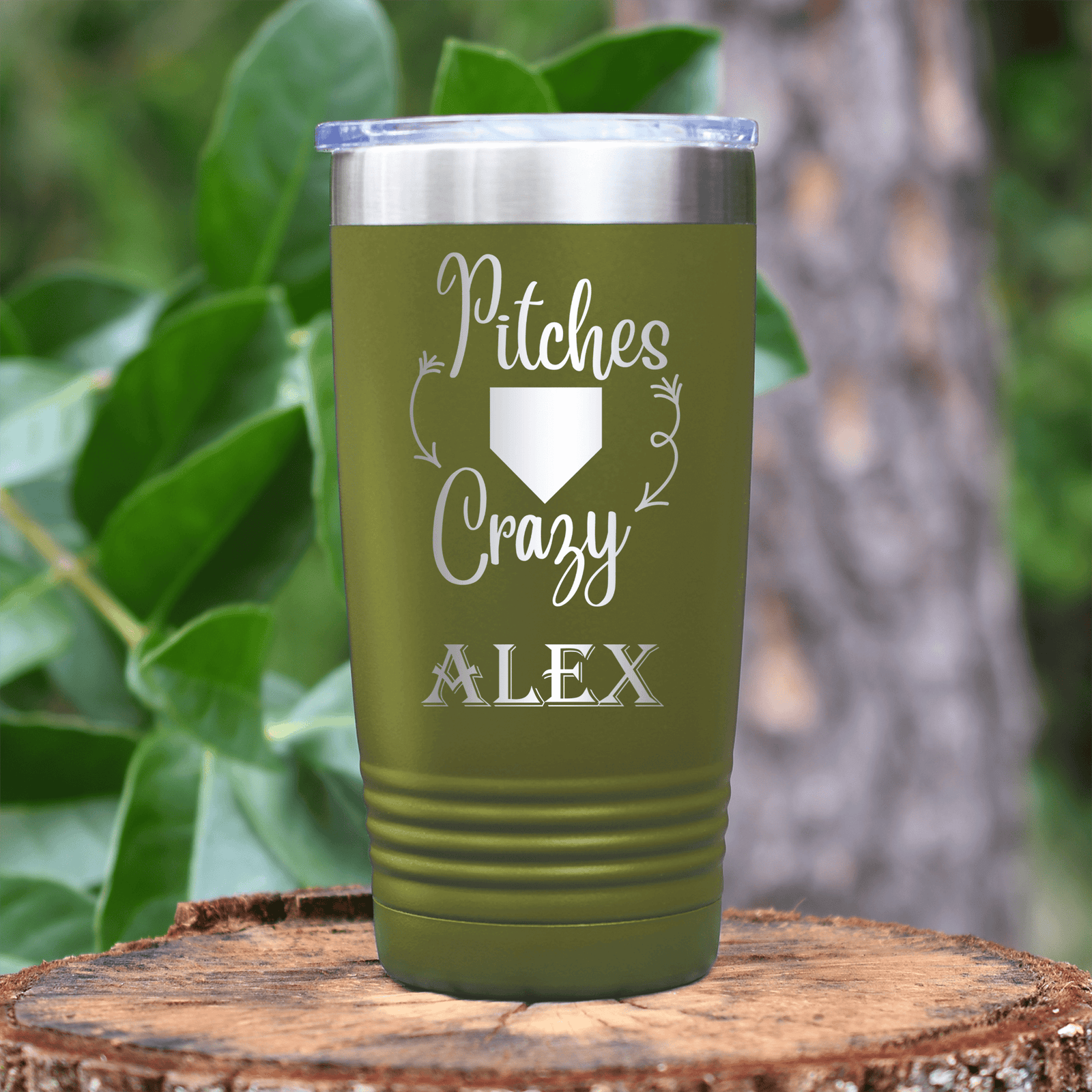 Military Green Baseball Tumbler With Playful Pitch Madness Design