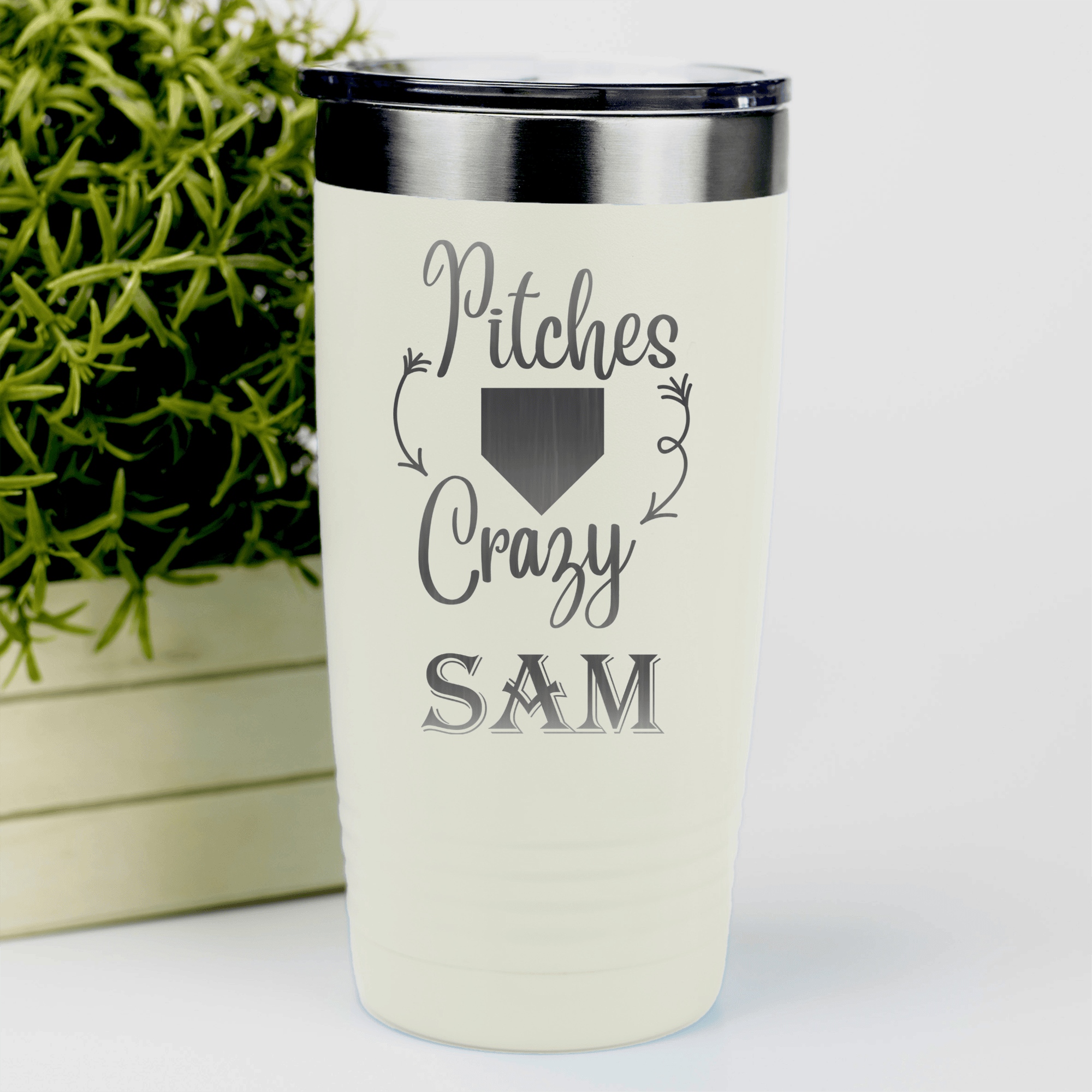 White Baseball Tumbler With Playful Pitch Madness Design