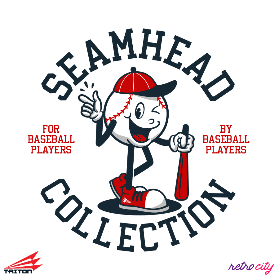 Retro cartoon baseball character mascot wearing red cap and shoes, holding a bat and rake, with "Seamhead Collection" circular text and "For Baseball Players By Baseball Players" tagline in navy and red colors