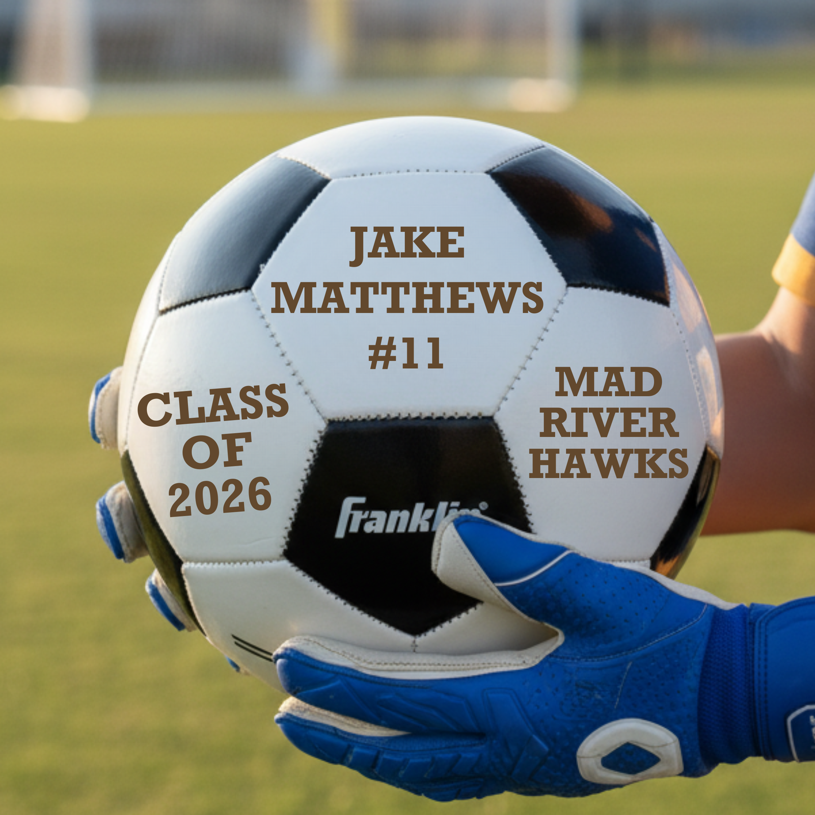 Personalized senior night soccer ball in synthetic leather with warm brown laser engraving across three panels showing the player's name, number, and team