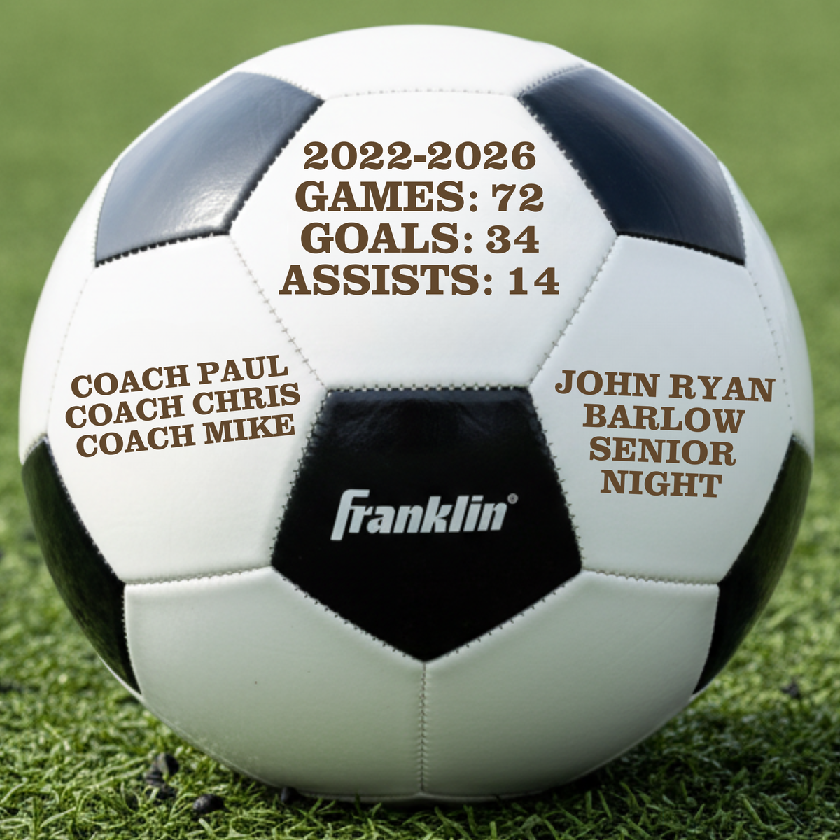 Personalized senior night soccer ball in synthetic leather with warm brown laser engraving across three panels showing the player's name, number, and team