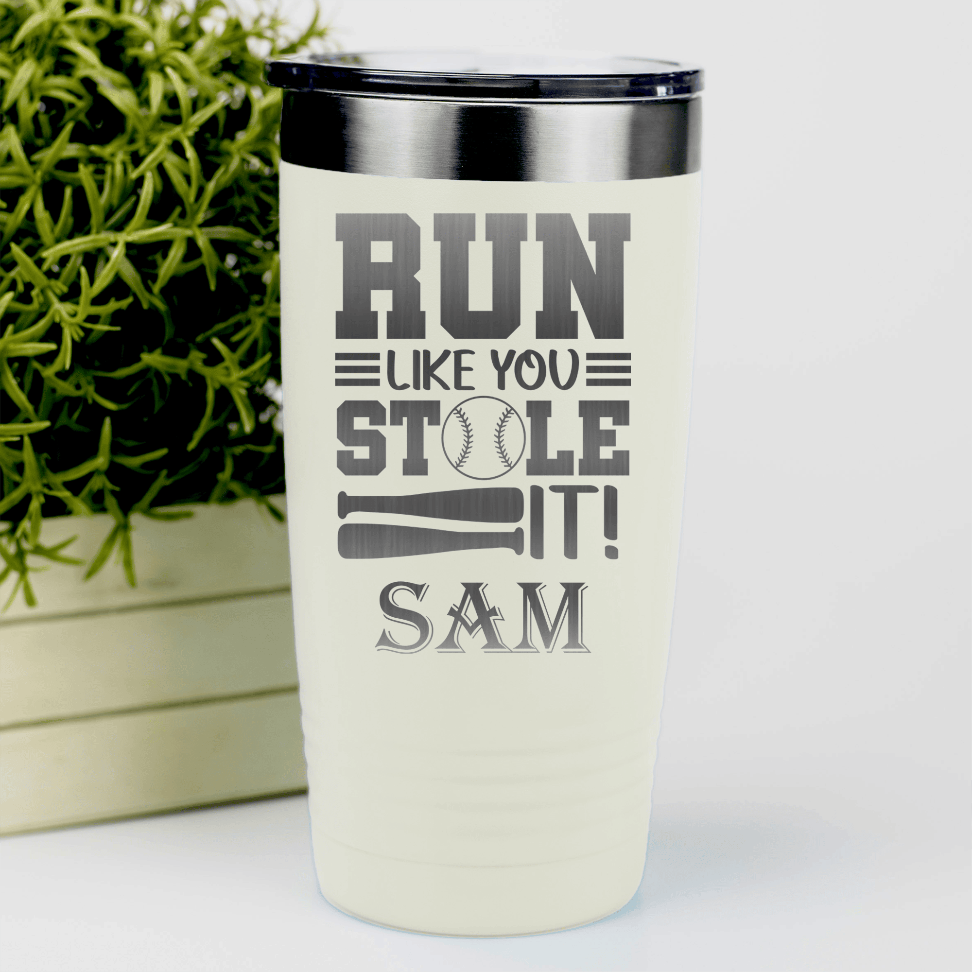 White Baseball Tumbler With Swift Baserunner Design