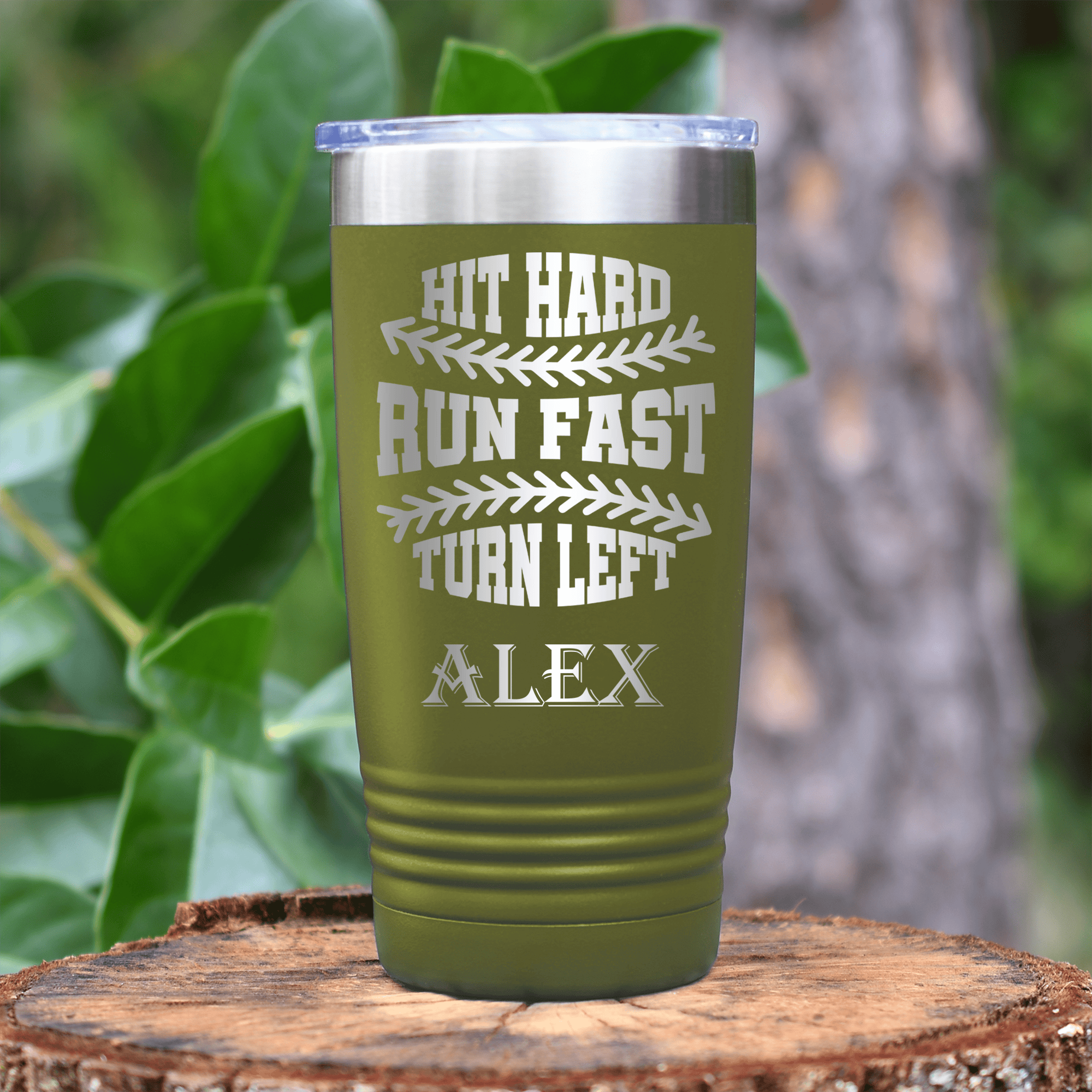 Military Green Baseball Tumbler With Swing For The Fences Design