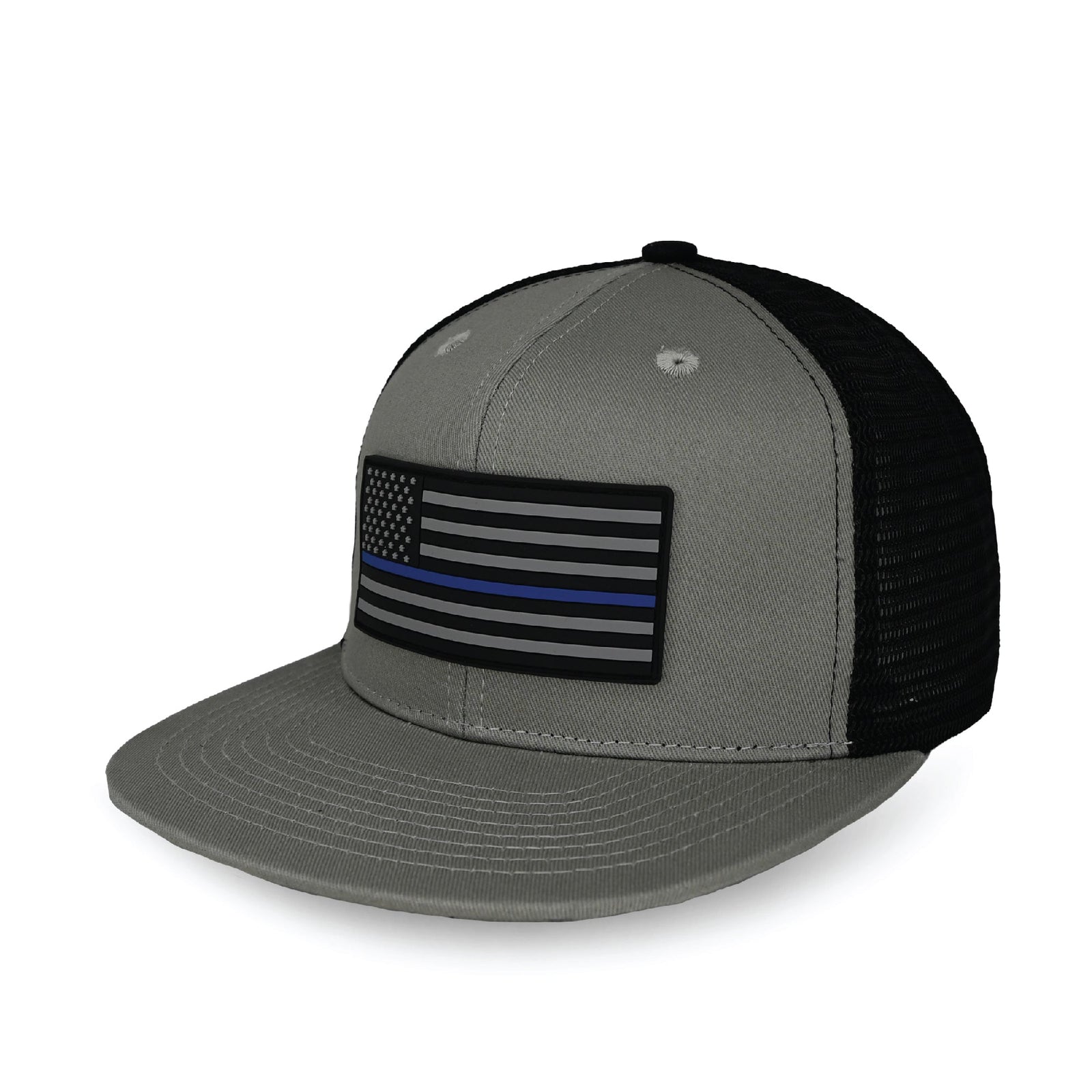 Grey and black trucker hat with flat brim, featuring embroidered USA flag patch with thin blue line stripe on front panel.