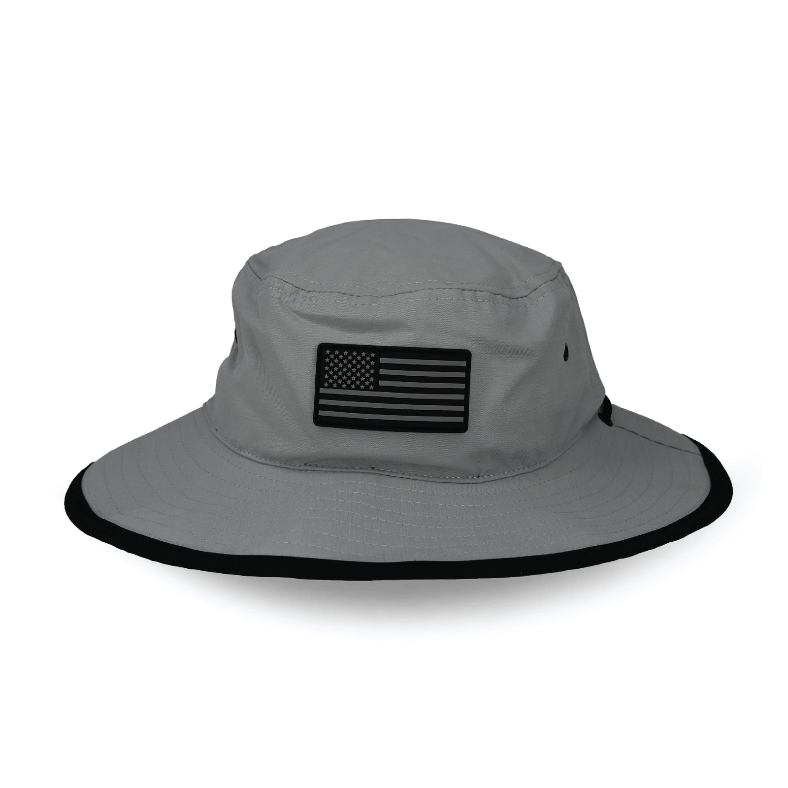 Gray bucket hat with black brim and USA flag PVC patch on front, adjustable chin strap visible on sides