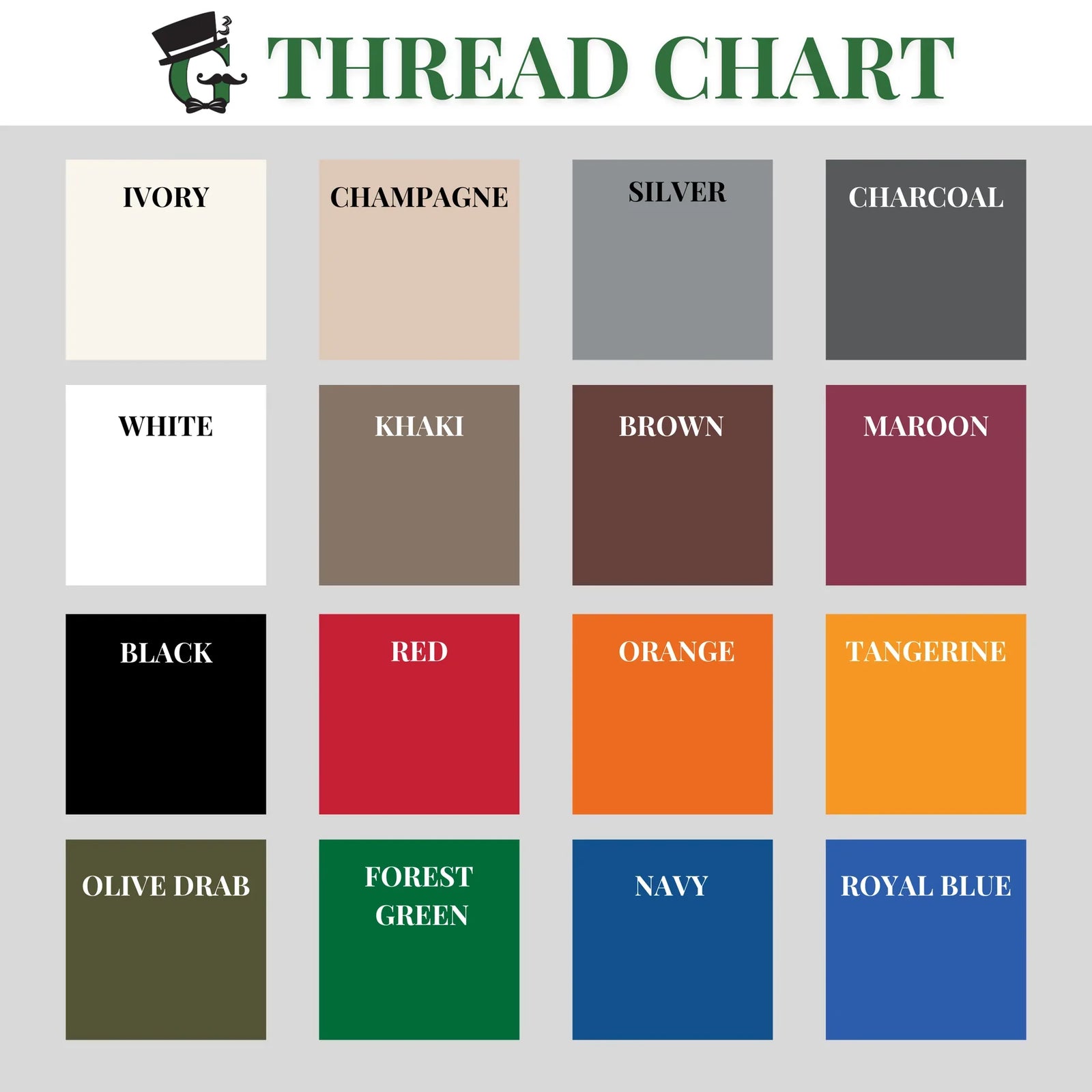 Thread color options chart for personalization embroidery