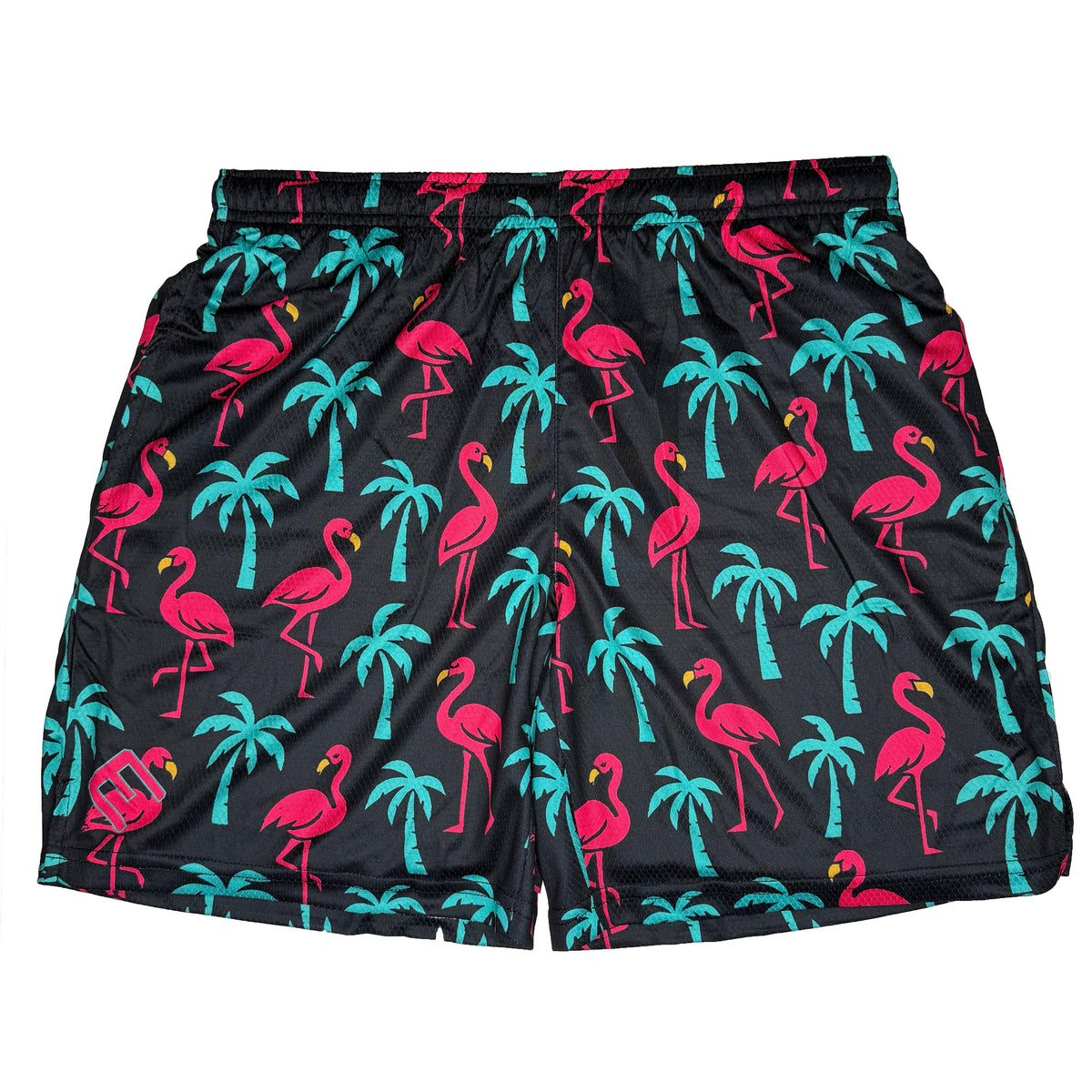 Black athletic shorts with neon pink flamingos and turquoise palm trees all-over print, elastic waistband, and side pockets