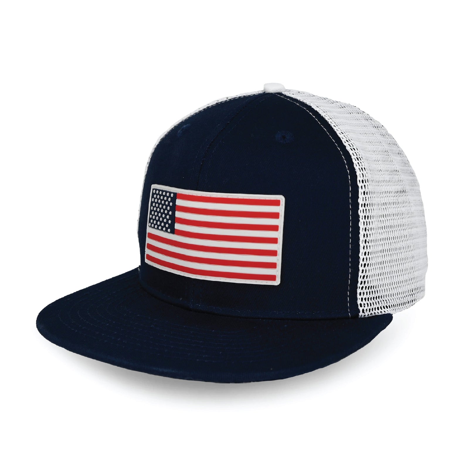 Navy and white trucker hat with flat brim featuring embroidered USA flag patch on front panel