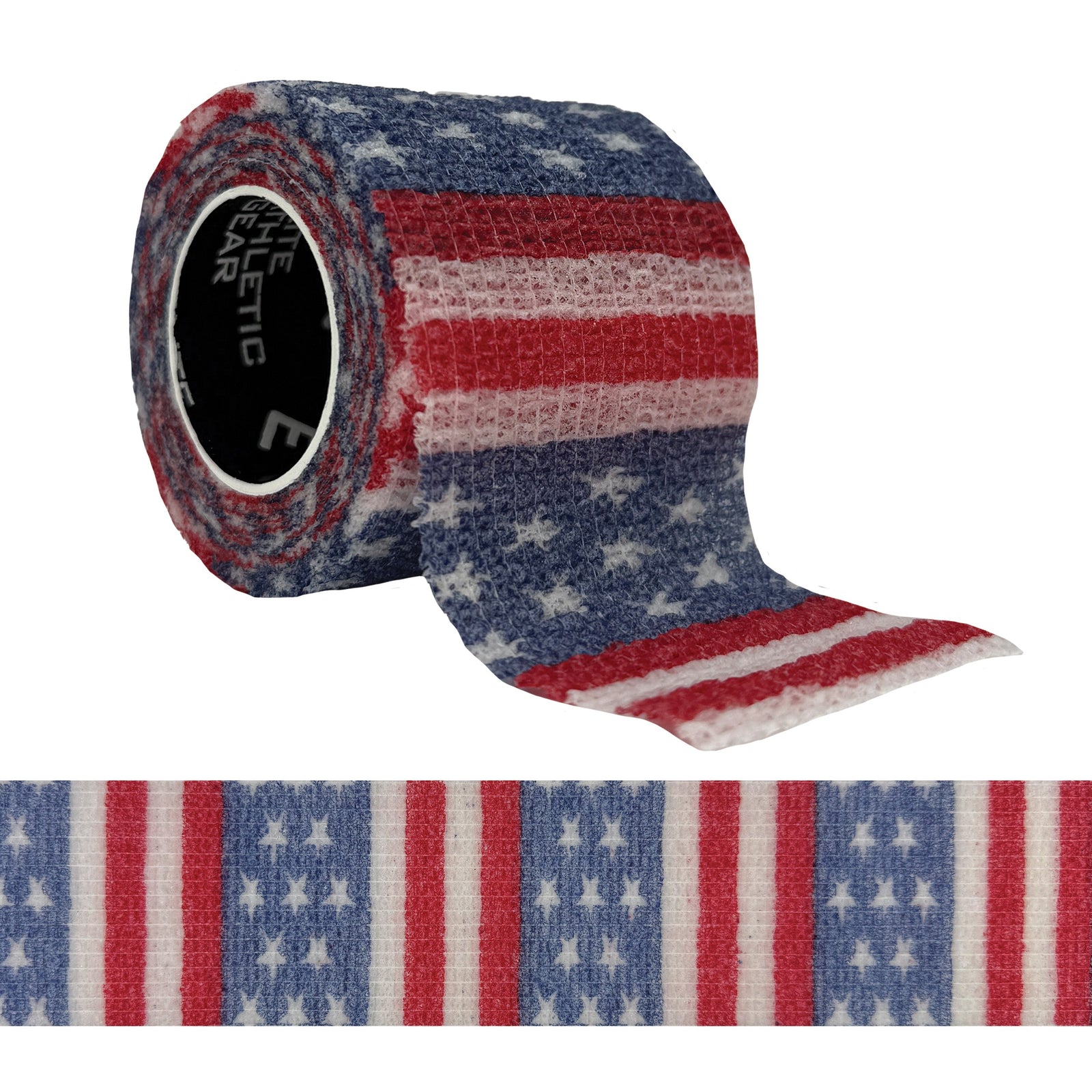 Roll of USA flag-patterned self-stick athletic tape with red, white, and blue stars and stripes, shown partially unrolled with close-up detail view below.