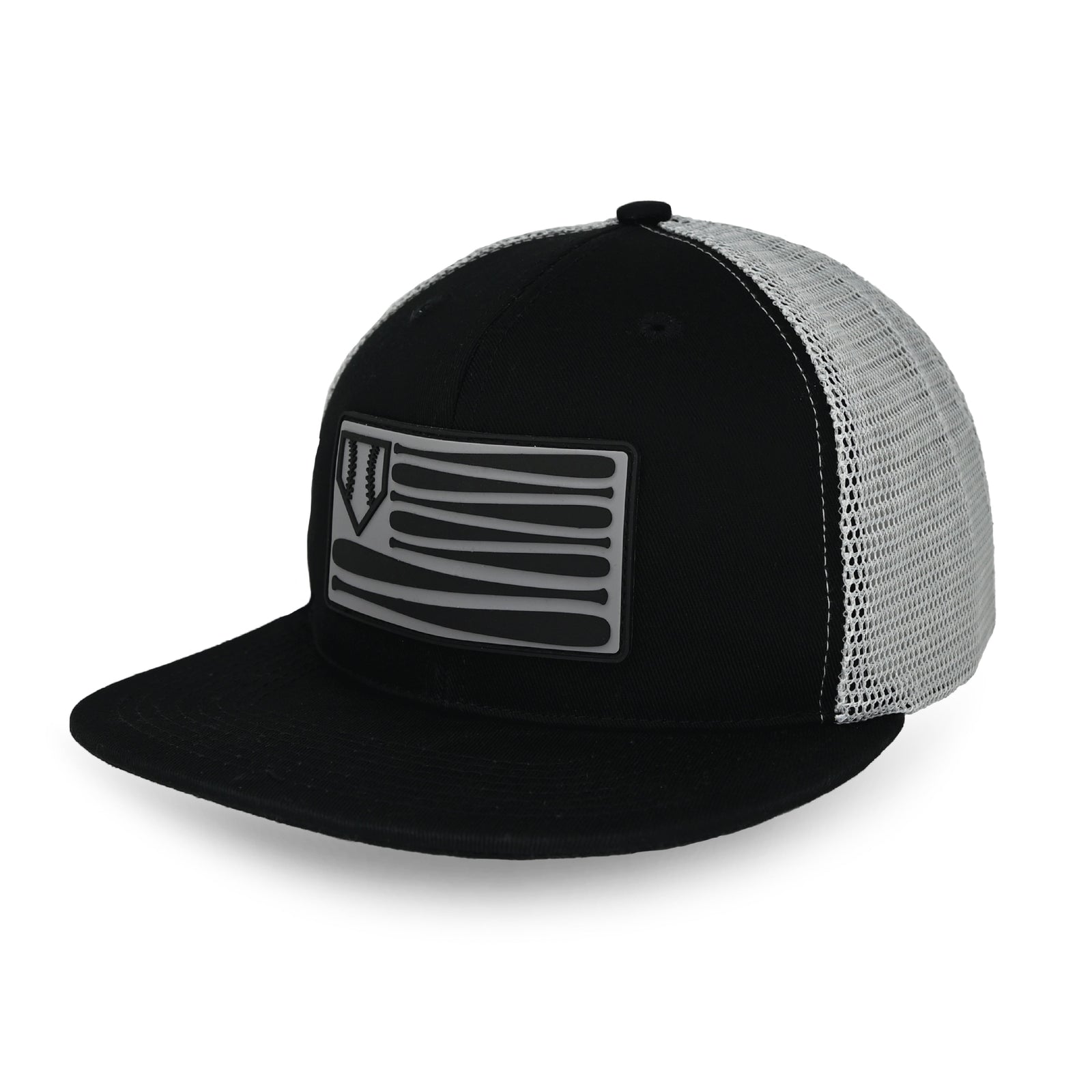 Black trucker hat with grey mesh back panels and embroidered PVC patch featuring horizontal bat design on front.