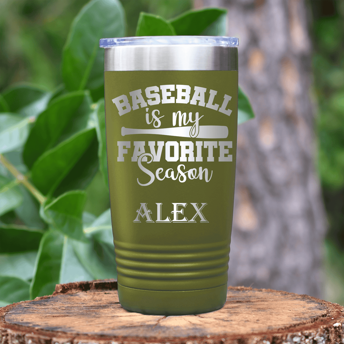 Military Green Baseball Tumbler With When Bats Swing Hearts Sing Design