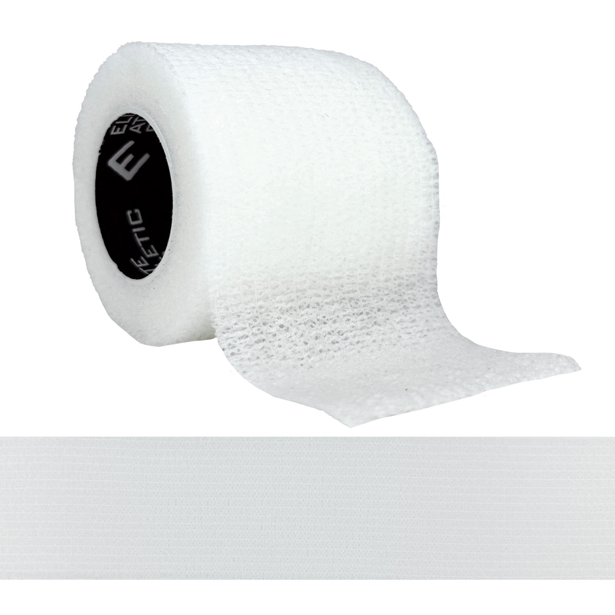 White self-stick athletic tape roll with black center label, showing tape partially unrolled against white background