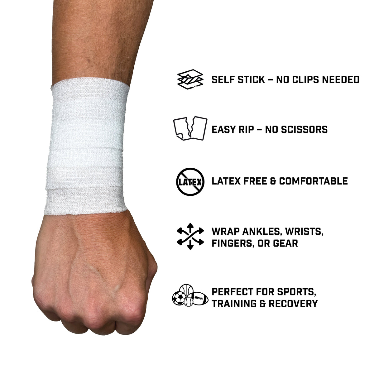 White self-stick athletic tape wrapped around a wrist, displaying texture and adhesive surface with product feature icons.