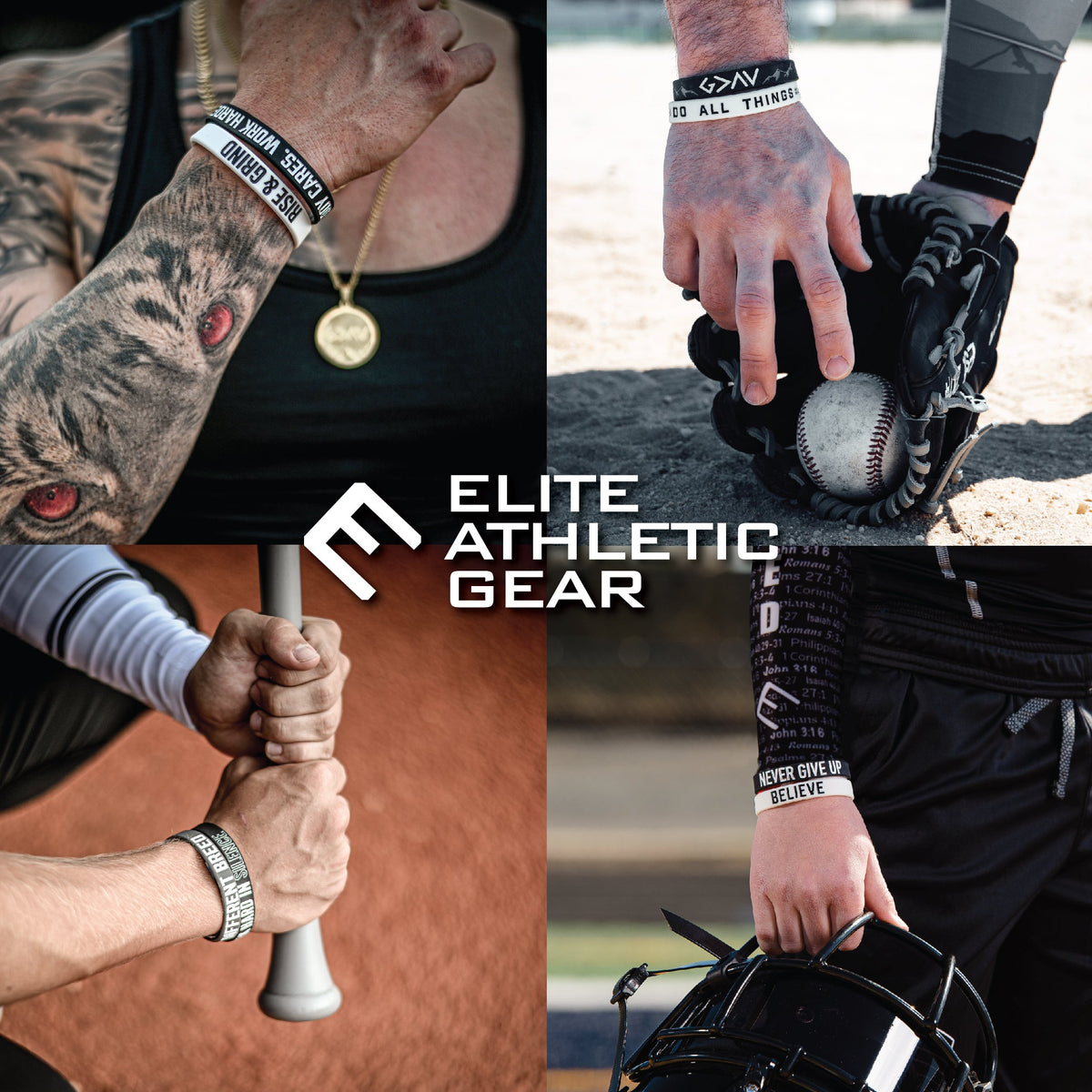 White silicone wristband with debossed text "NEVER GIVE UP BELIEVE" worn on wrist during baseball activity, shown alongside other motivational wristbands in use