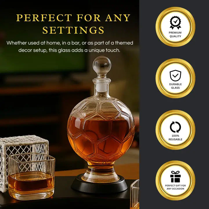 Spherical soccer-ball decanter filled with amber liquid, shown with geometric-patterned whiskey glasses and quality assurance badges highlighting premium glass, durability, and reu
