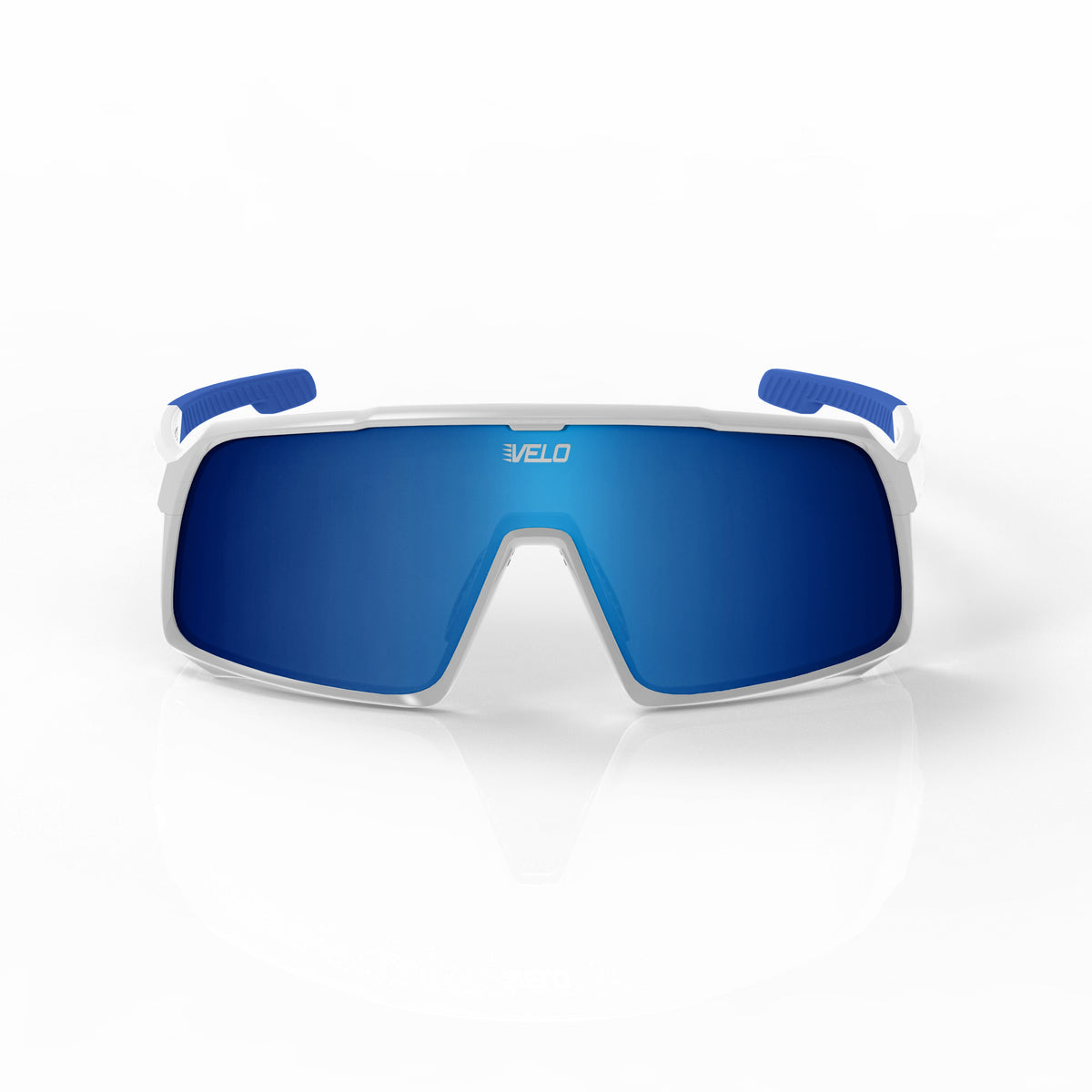 White and blue VELO Shades sunglasses with oversized blue mirrored lenses and blue ribbed temple arms on white background