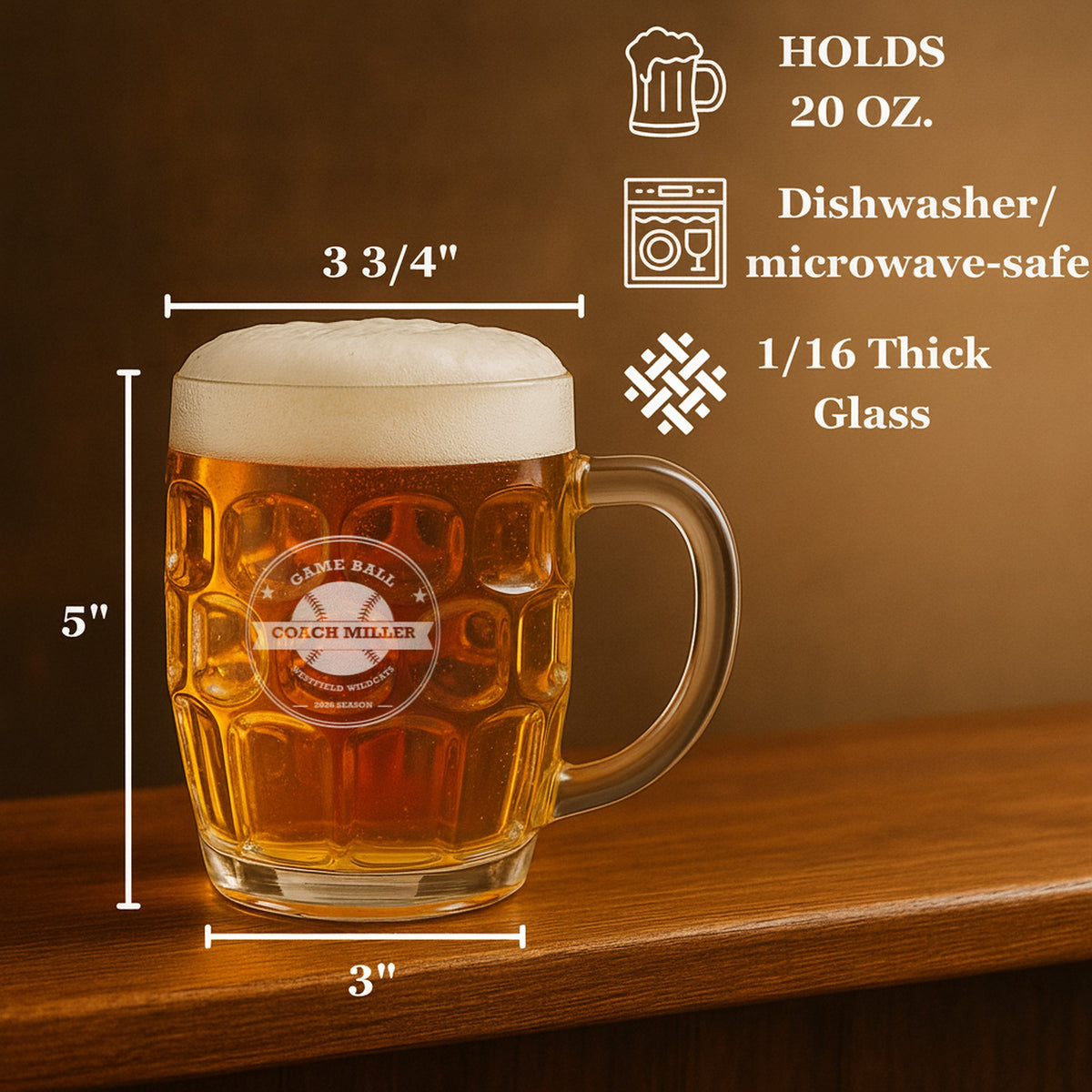 Size chart for the engraved baseball coach stein, a 20 oz dimpled glass pub stein 5 inches tall, 3 3/4 inches wide at the rim and 3 inches at the base